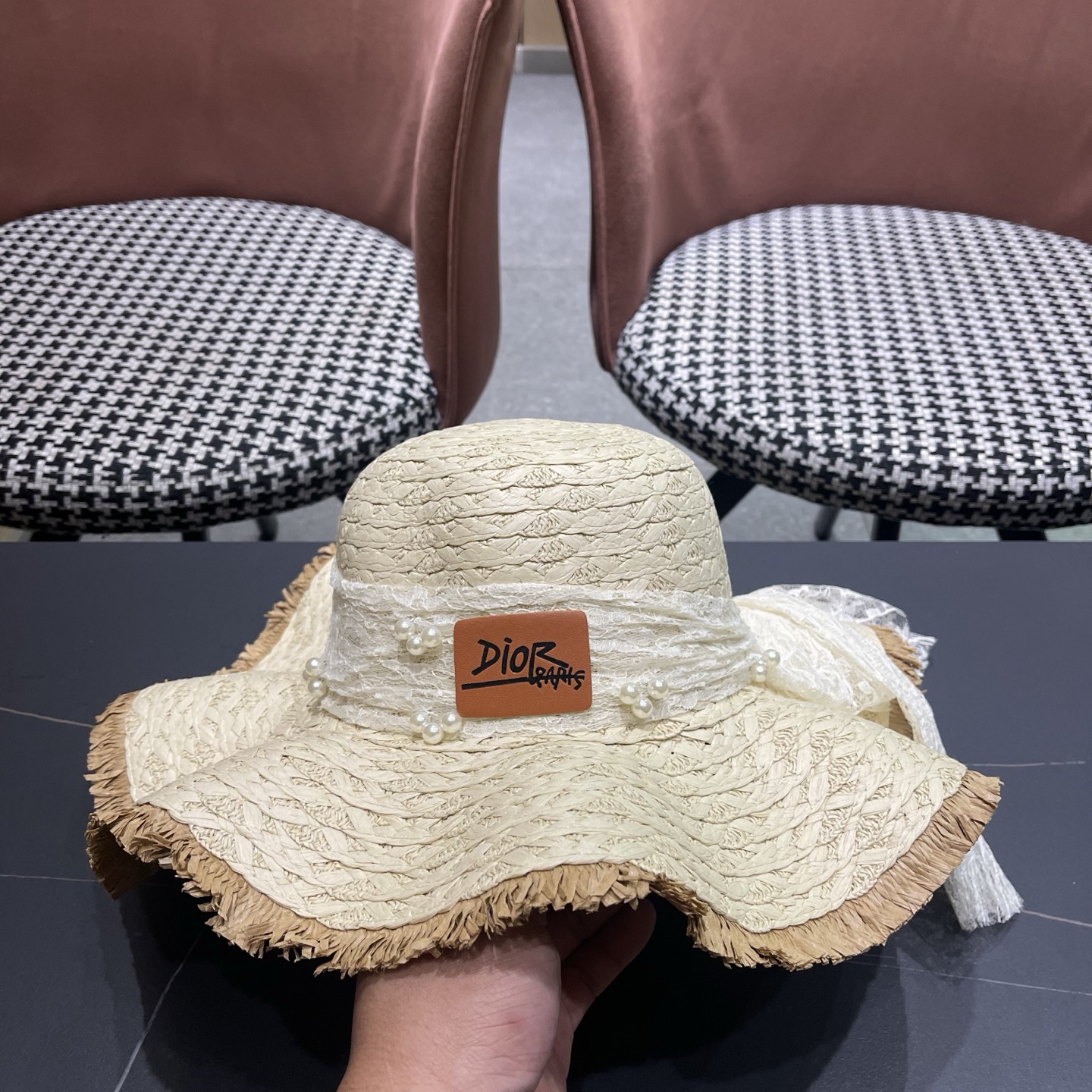 Dior迪奥 新款蕾丝蝴蝶结波浪形草帽女夏季海边度假大帽檐沙滩遮阳太阳帽子