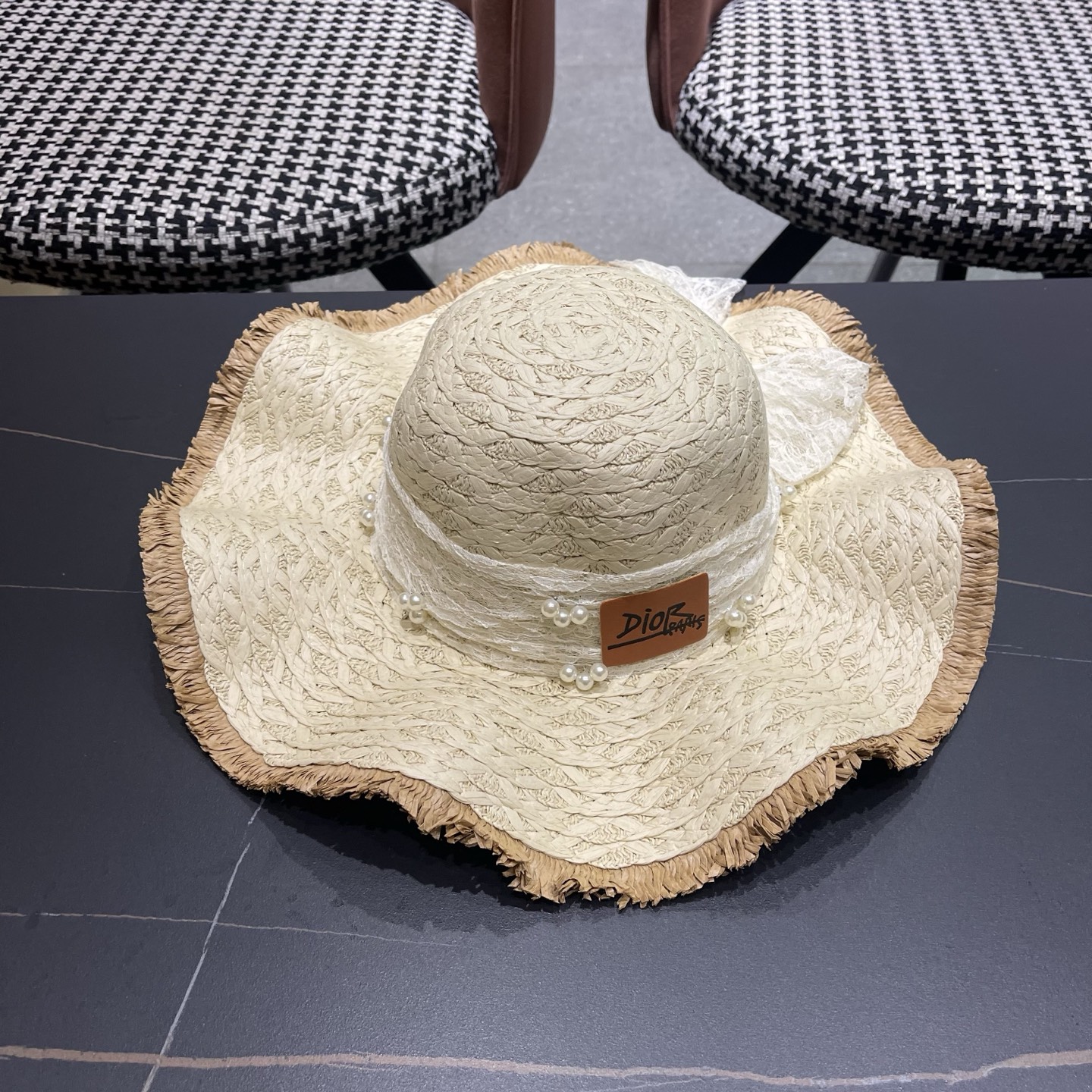 Dior迪奥 新款蕾丝蝴蝶结波浪形草帽女夏季海边度假大帽檐沙滩遮阳太阳帽子