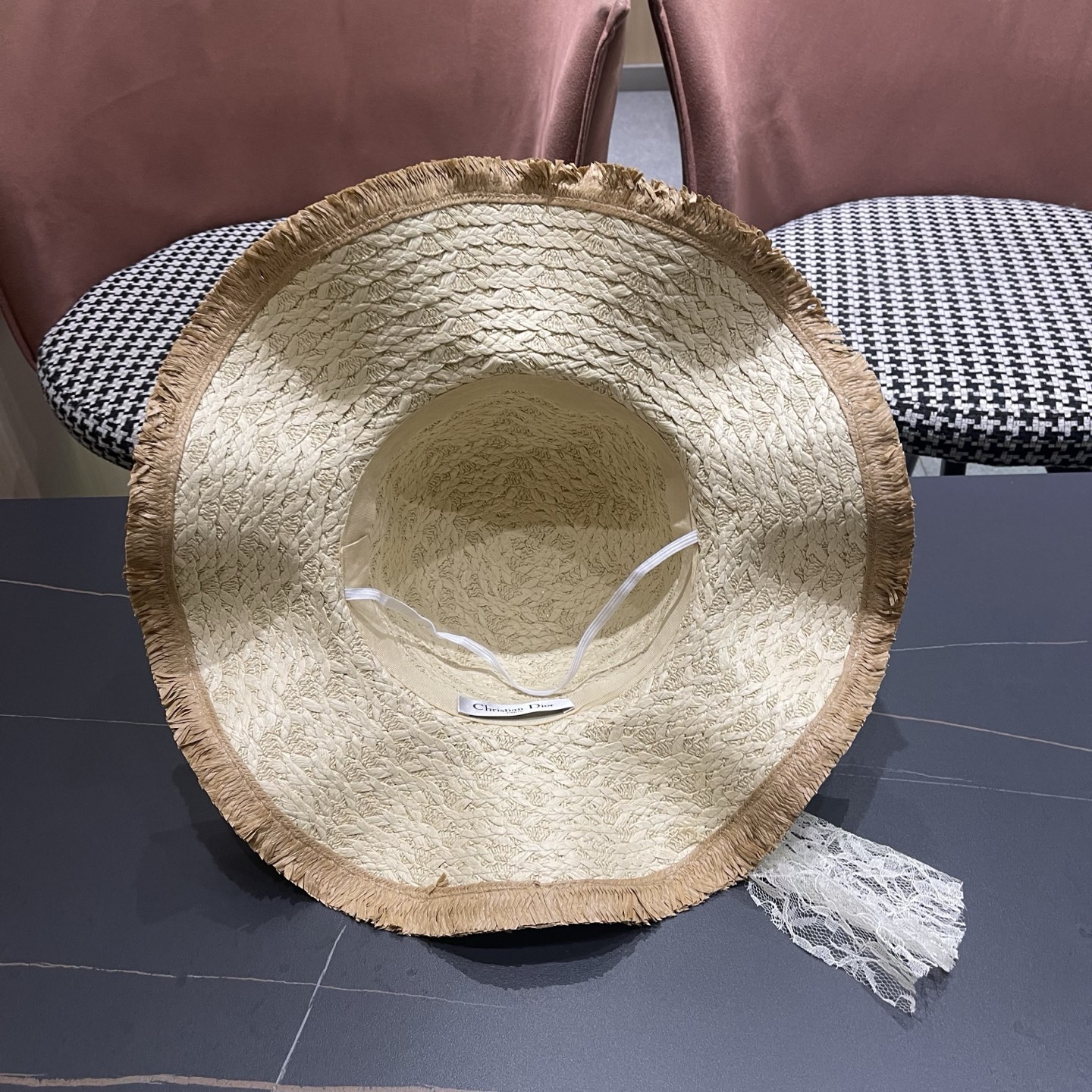 Dior迪奥 新款蕾丝蝴蝶结波浪形草帽女夏季海边度假大帽檐沙滩遮阳太阳帽子