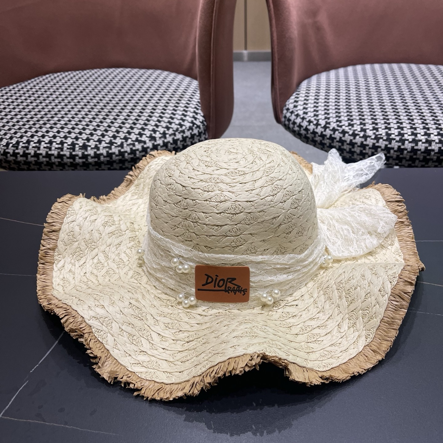 Dior迪奥 新款蕾丝蝴蝶结波浪形草帽女夏季海边度假大帽檐沙滩遮阳太阳帽子