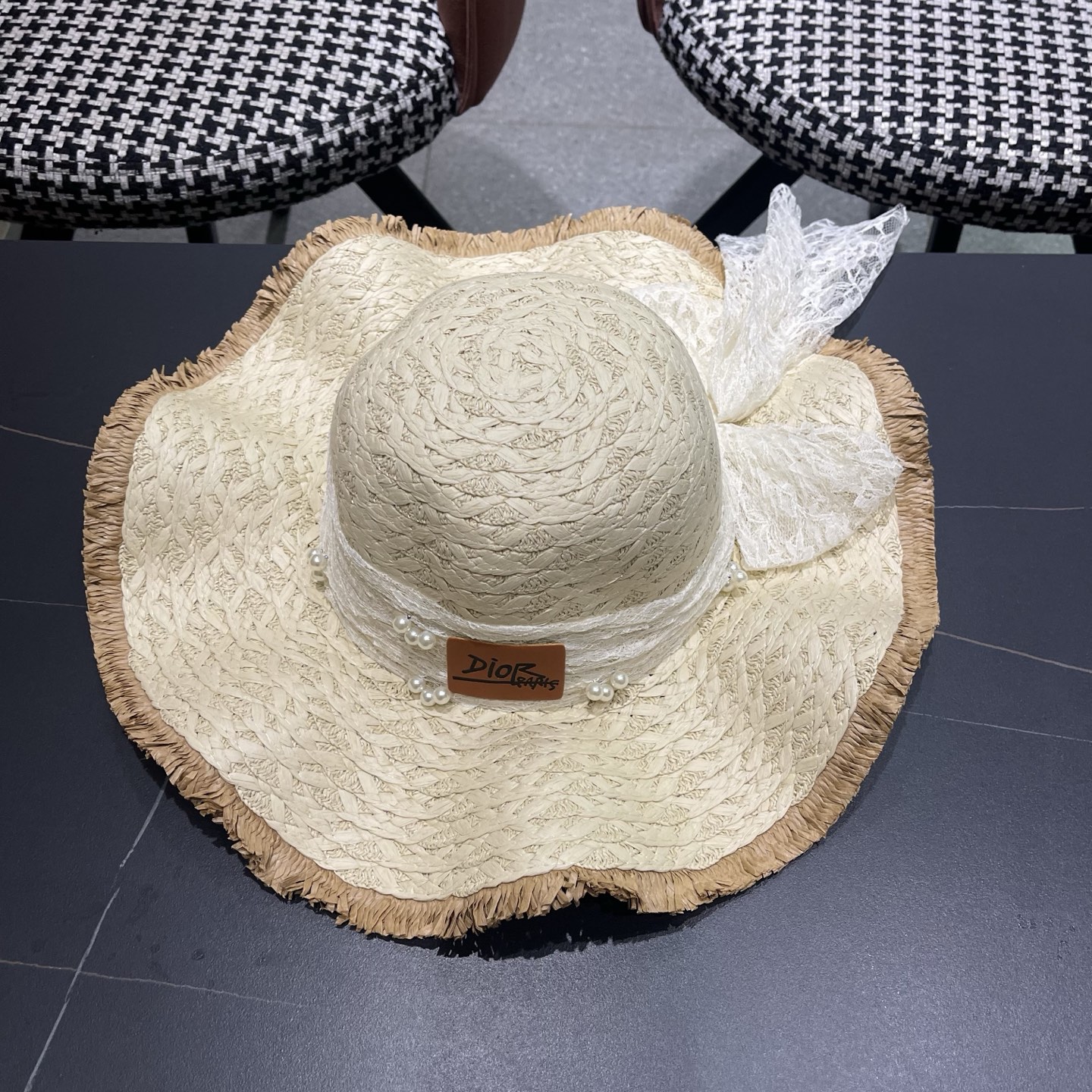 Dior迪奥 新款蕾丝蝴蝶结波浪形草帽女夏季海边度假大帽檐沙滩遮阳太阳帽子