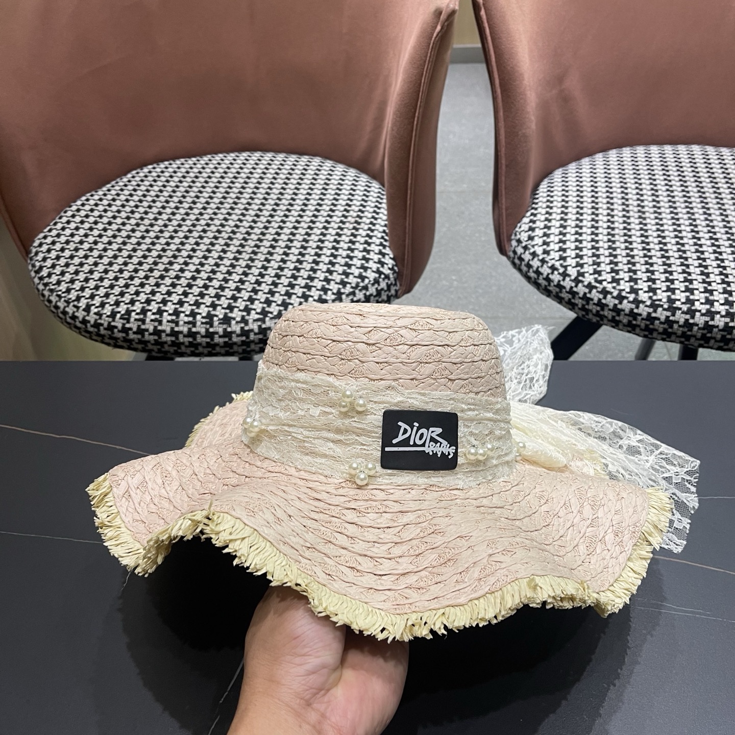 Dior迪奥 新款蕾丝蝴蝶结波浪形草帽女夏季海边度假大帽檐沙滩遮阳太阳帽子