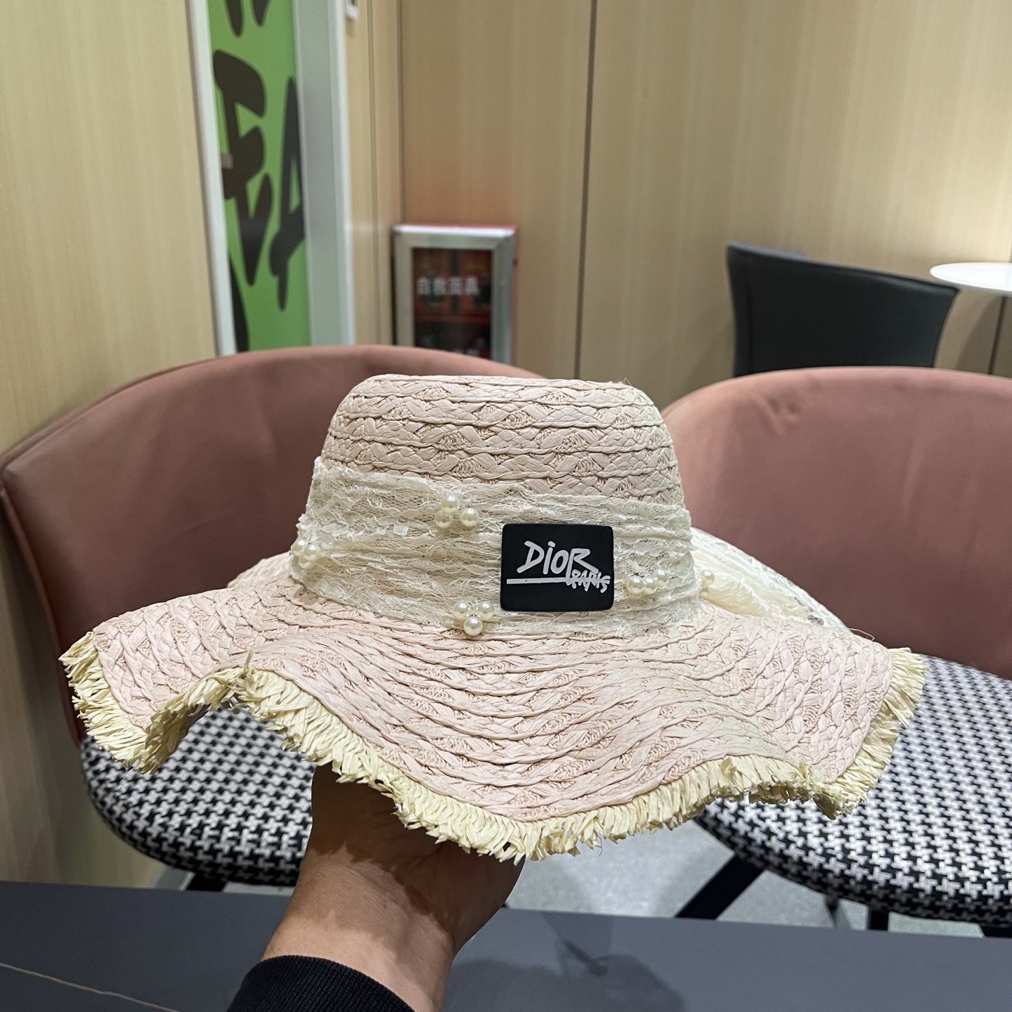 Dior迪奥 新款蕾丝蝴蝶结波浪形草帽女夏季海边度假大帽檐沙滩遮阳太阳帽子