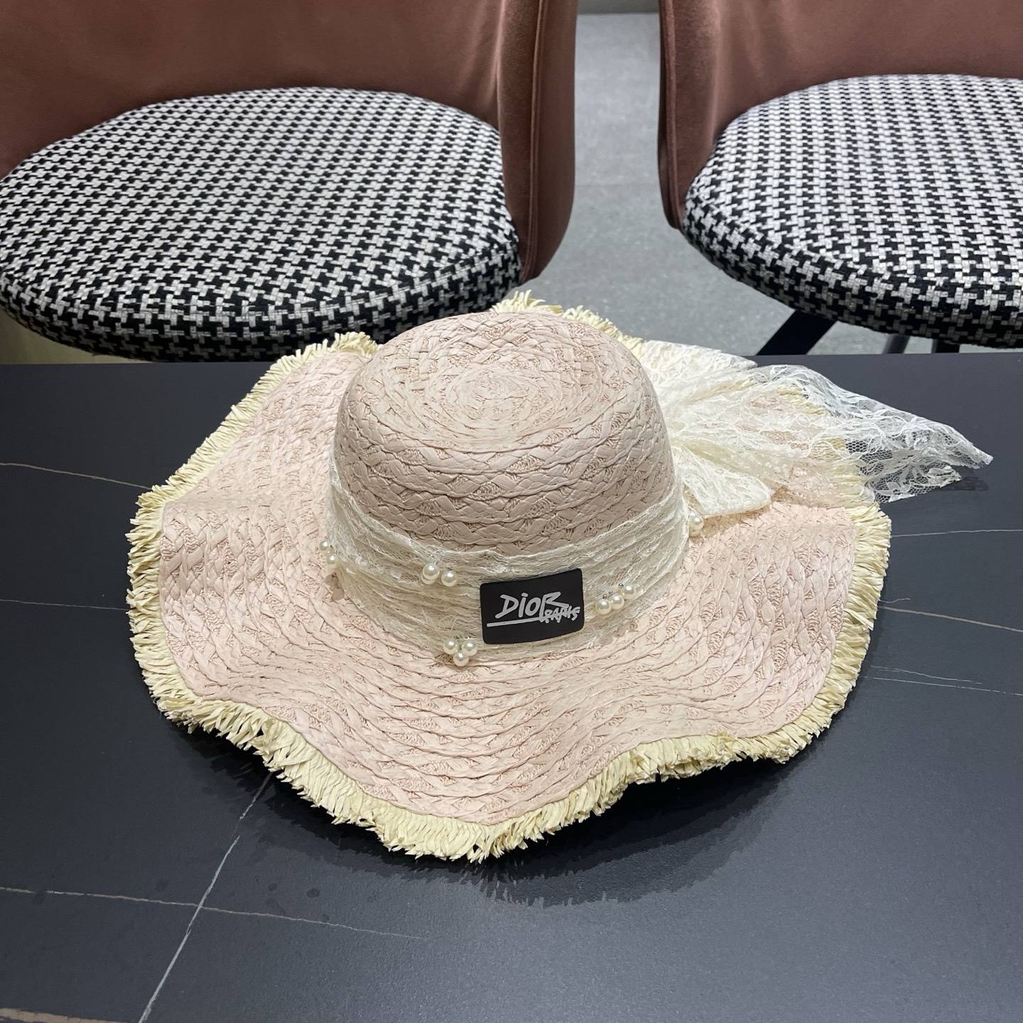 Dior迪奥 新款蕾丝蝴蝶结波浪形草帽女夏季海边度假大帽檐沙滩遮阳太阳帽子