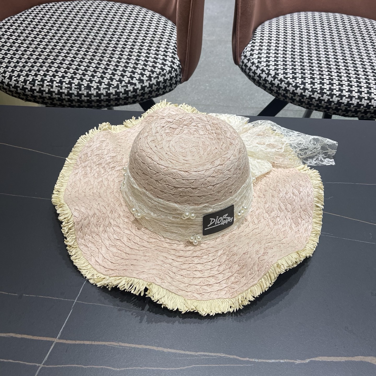 Dior迪奥 新款蕾丝蝴蝶结波浪形草帽女夏季海边度假大帽檐沙滩遮阳太阳帽子