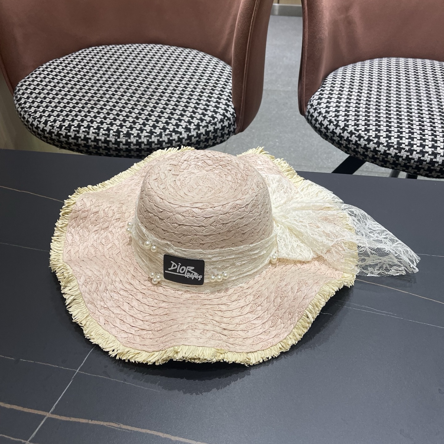 Dior迪奥 新款蕾丝蝴蝶结波浪形草帽女夏季海边度假大帽檐沙滩遮阳太阳帽子