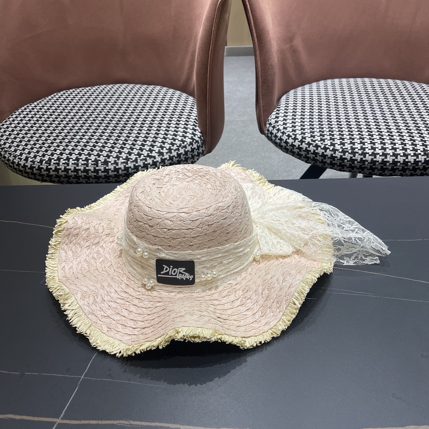 Dior迪奥 新款蕾丝蝴蝶结波浪形草帽女夏季海边度假大帽檐沙滩遮阳太阳帽子