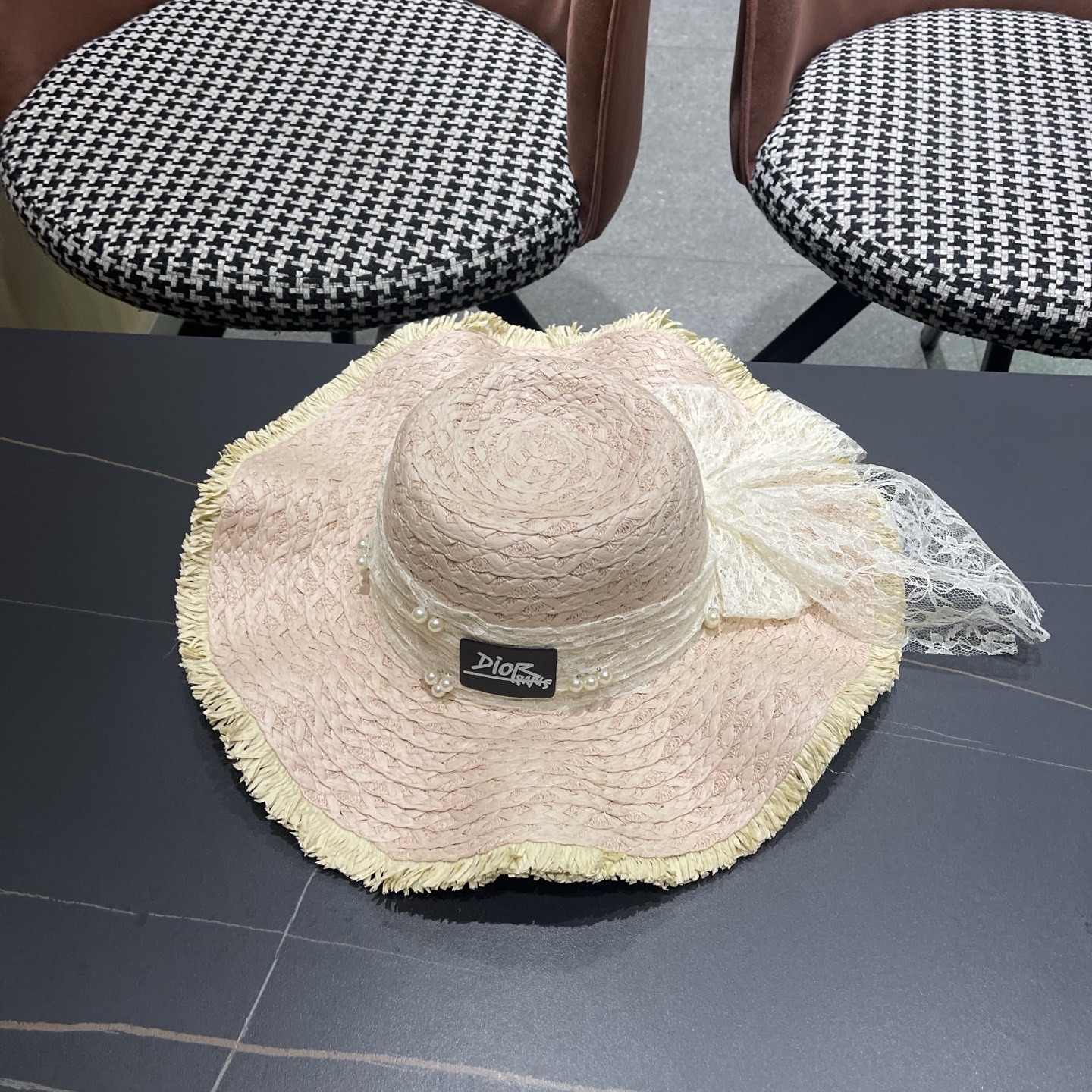 Dior迪奥 新款蕾丝蝴蝶结波浪形草帽女夏季海边度假大帽檐沙滩遮阳太阳帽子