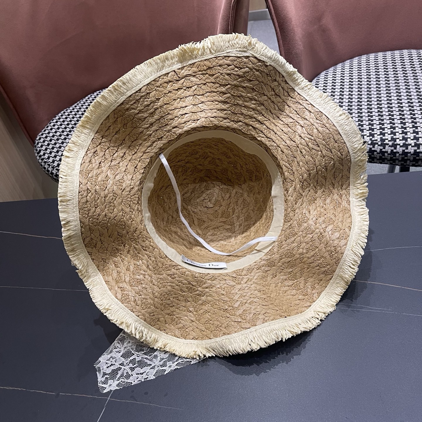 Dior迪奥 新款蕾丝蝴蝶结波浪形草帽女夏季海边度假大帽檐沙滩遮阳太阳帽子