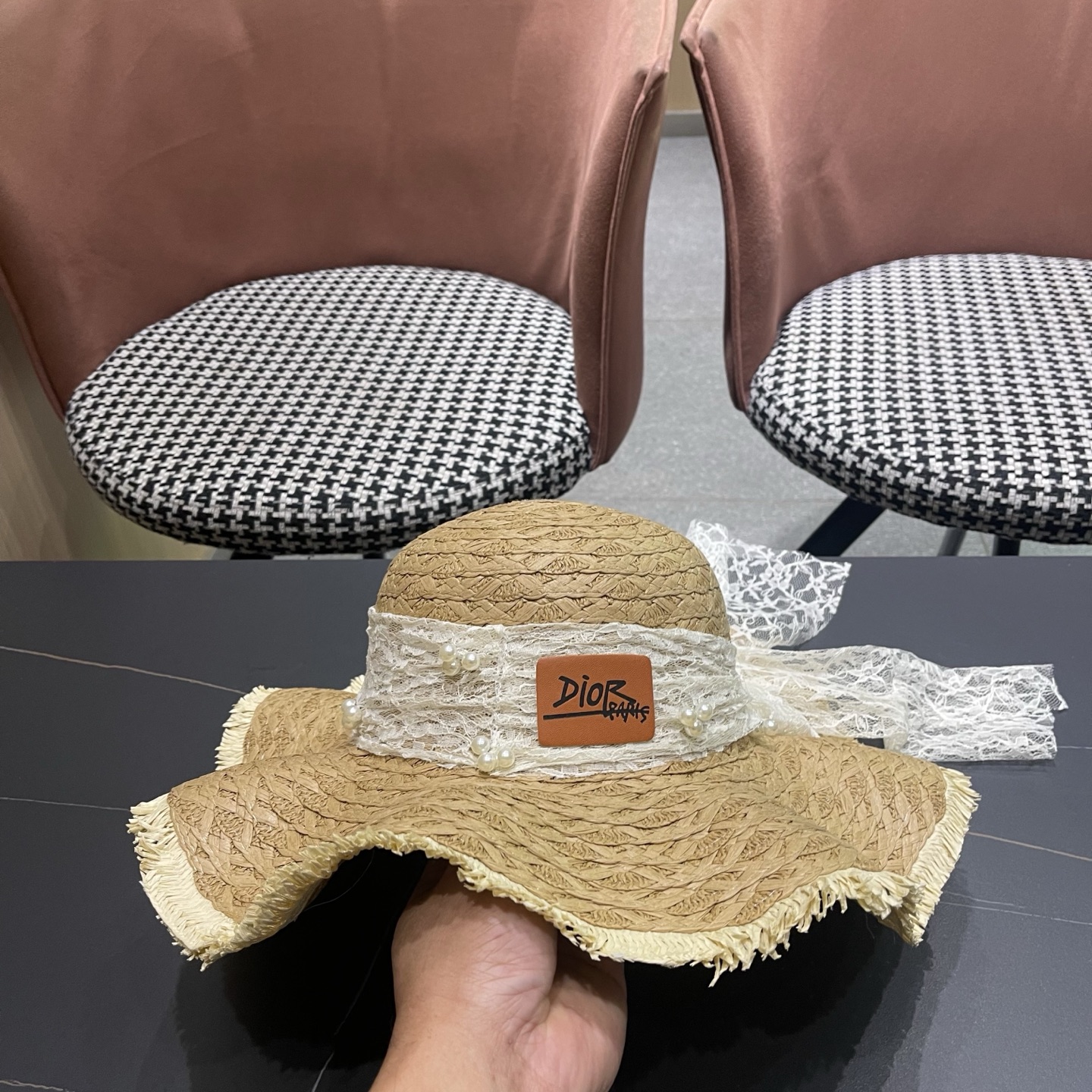 Dior迪奥 新款蕾丝蝴蝶结波浪形草帽女夏季海边度假大帽檐沙滩遮阳太阳帽子