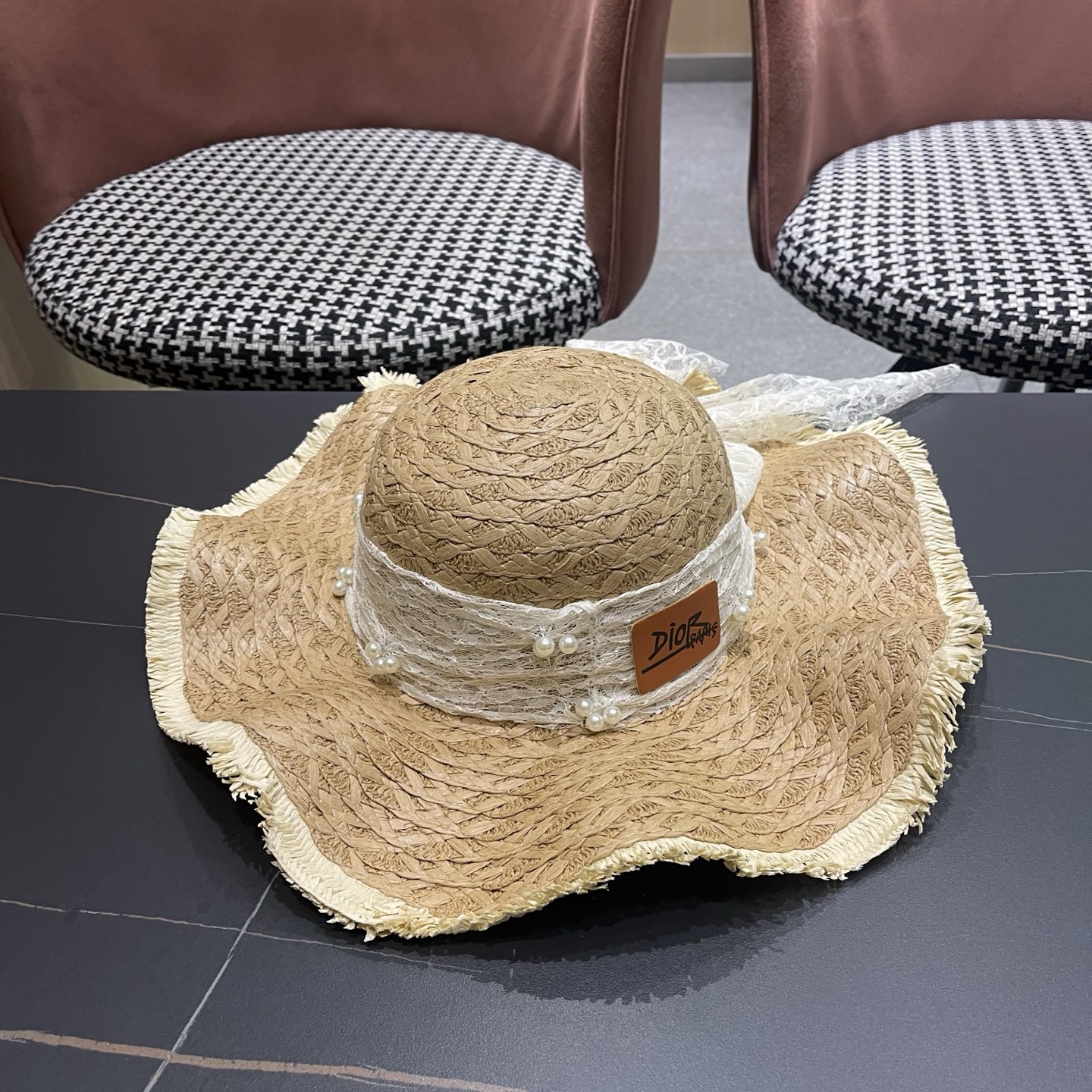 Dior迪奥 新款蕾丝蝴蝶结波浪形草帽女夏季海边度假大帽檐沙滩遮阳太阳帽子