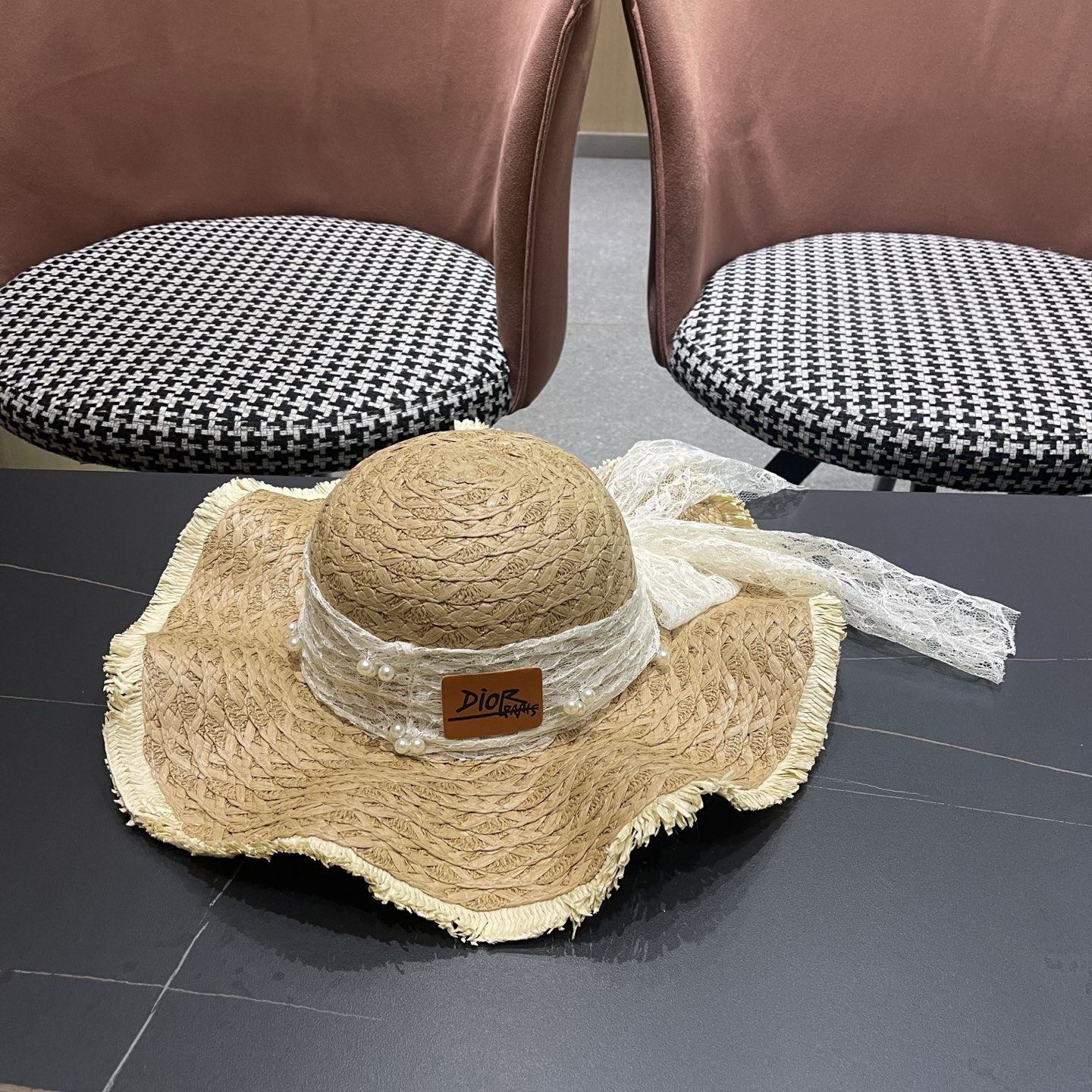 Dior迪奥 新款蕾丝蝴蝶结波浪形草帽女夏季海边度假大帽檐沙滩遮阳太阳帽子