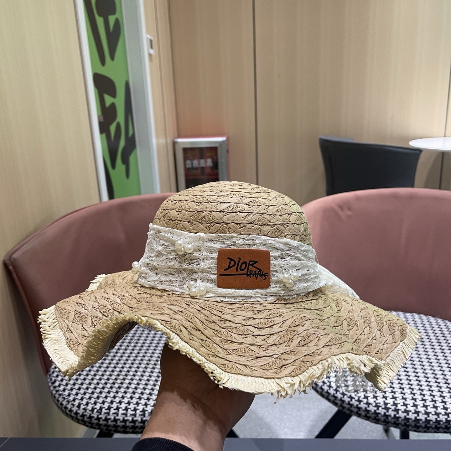 Dior迪奥 新款蕾丝蝴蝶结波浪形草帽女夏季海边度假大帽檐沙滩遮阳太阳帽子