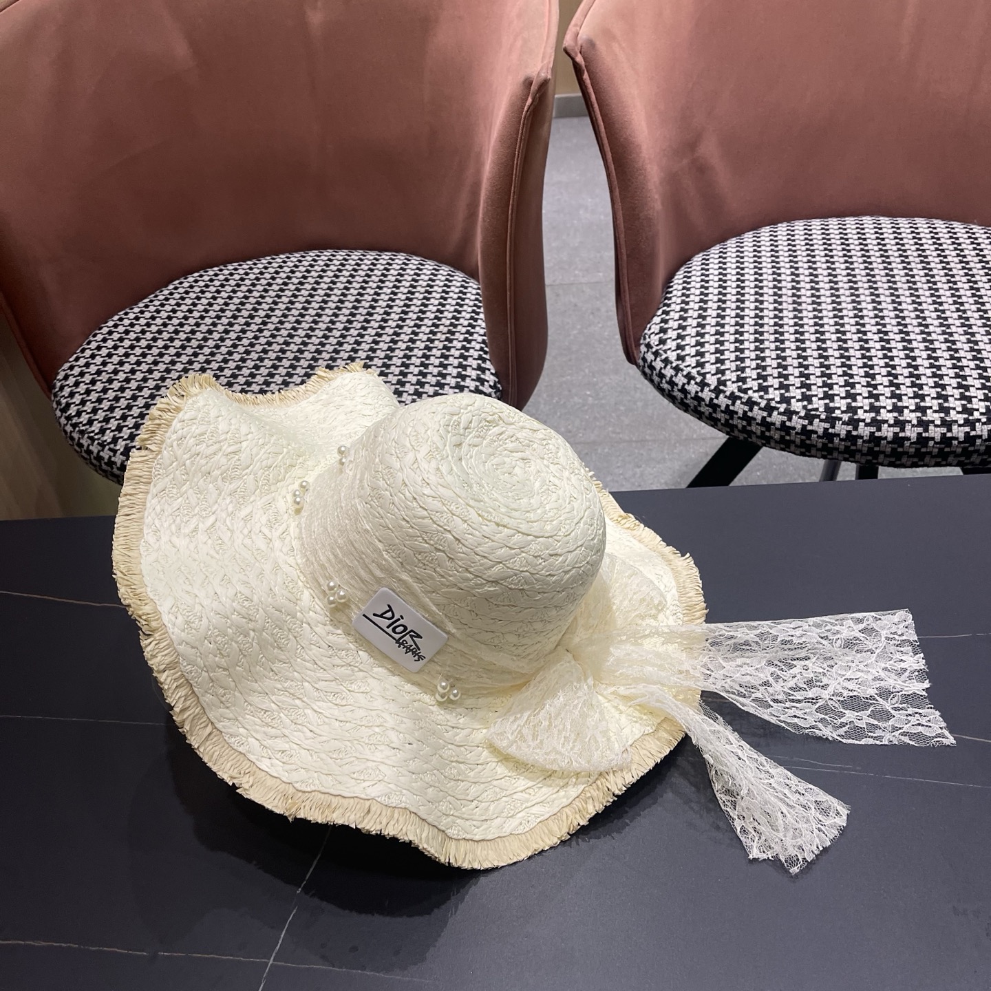 Dior迪奥 新款蕾丝蝴蝶结波浪形草帽女夏季海边度假大帽檐沙滩遮阳太阳帽子