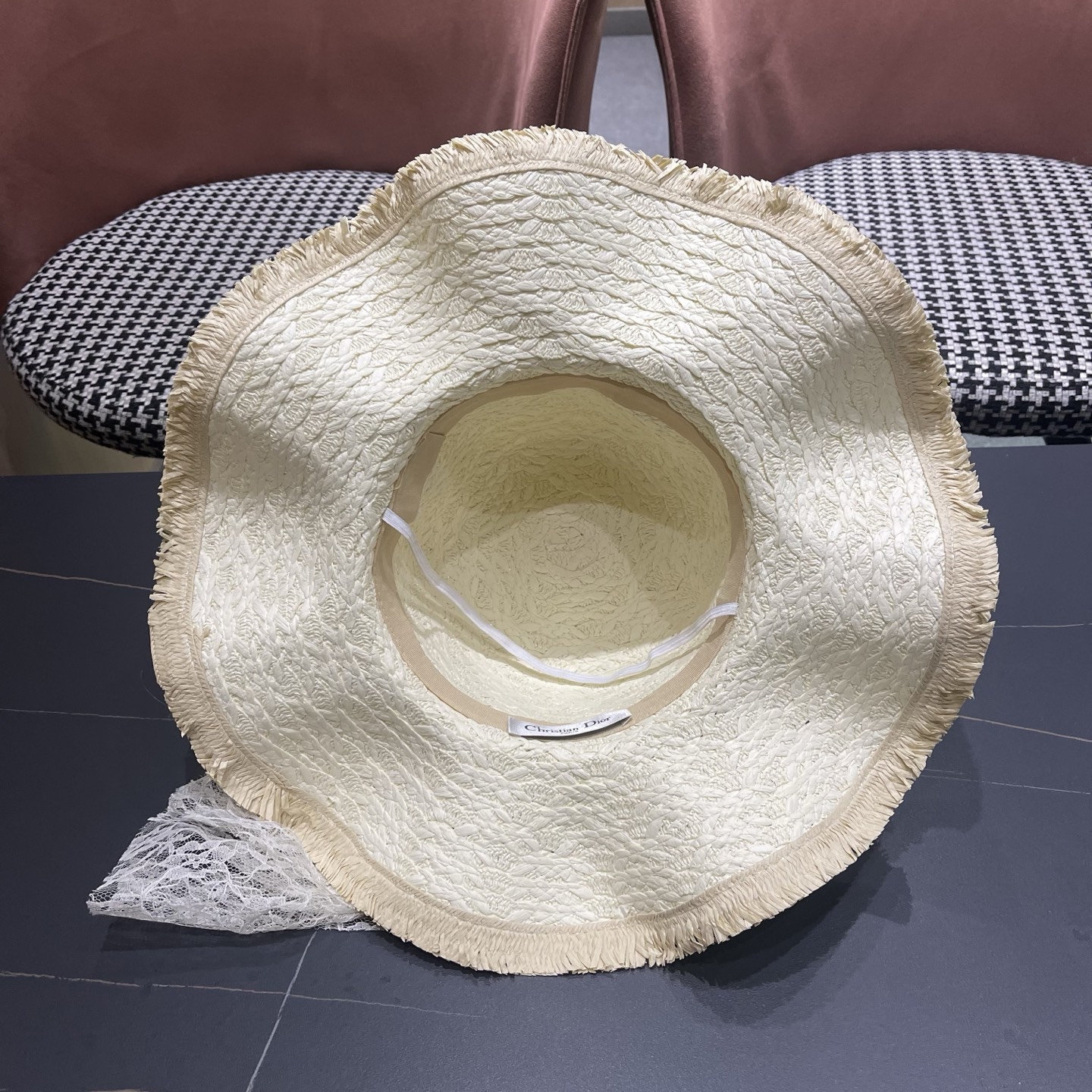 Dior迪奥 新款蕾丝蝴蝶结波浪形草帽女夏季海边度假大帽檐沙滩遮阳太阳帽子