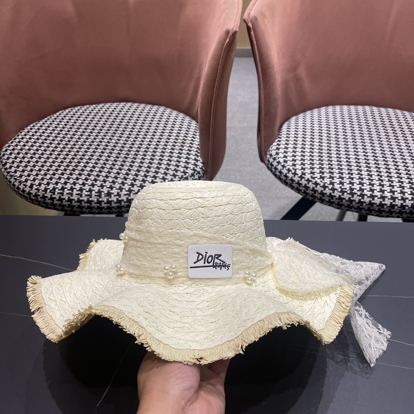 Dior迪奥 新款蕾丝蝴蝶结波浪形草帽女夏季海边度假大帽檐沙滩遮阳太阳帽子