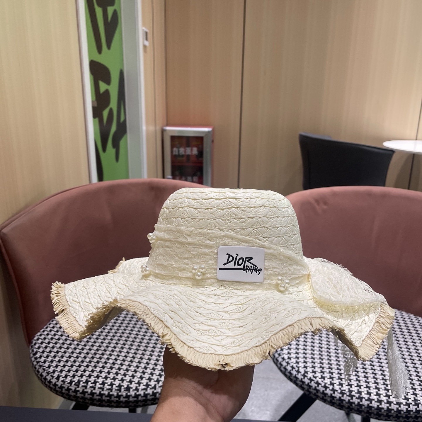 Dior迪奥 新款蕾丝蝴蝶结波浪形草帽女夏季海边度假大帽檐沙滩遮阳太阳帽子