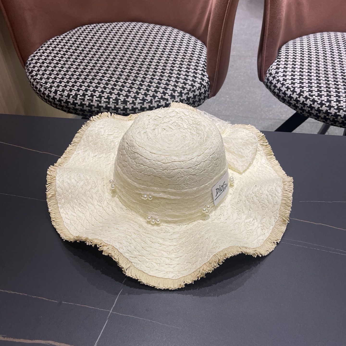 Dior迪奥 新款蕾丝蝴蝶结波浪形草帽女夏季海边度假大帽檐沙滩遮阳太阳帽子