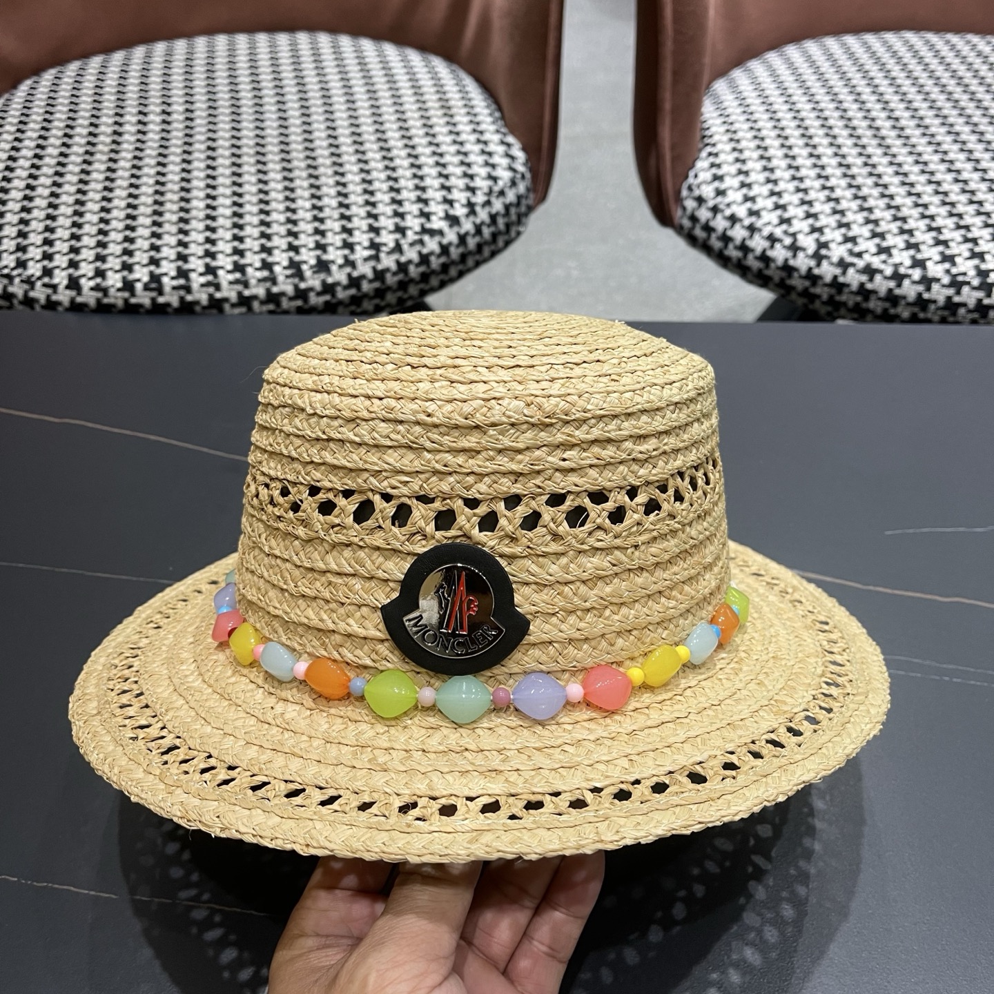 MONCLER（蒙口）法式海星手工编织拉菲草帽女夏季海边沙滩遮阳防晒帽镂空平顶礼帽