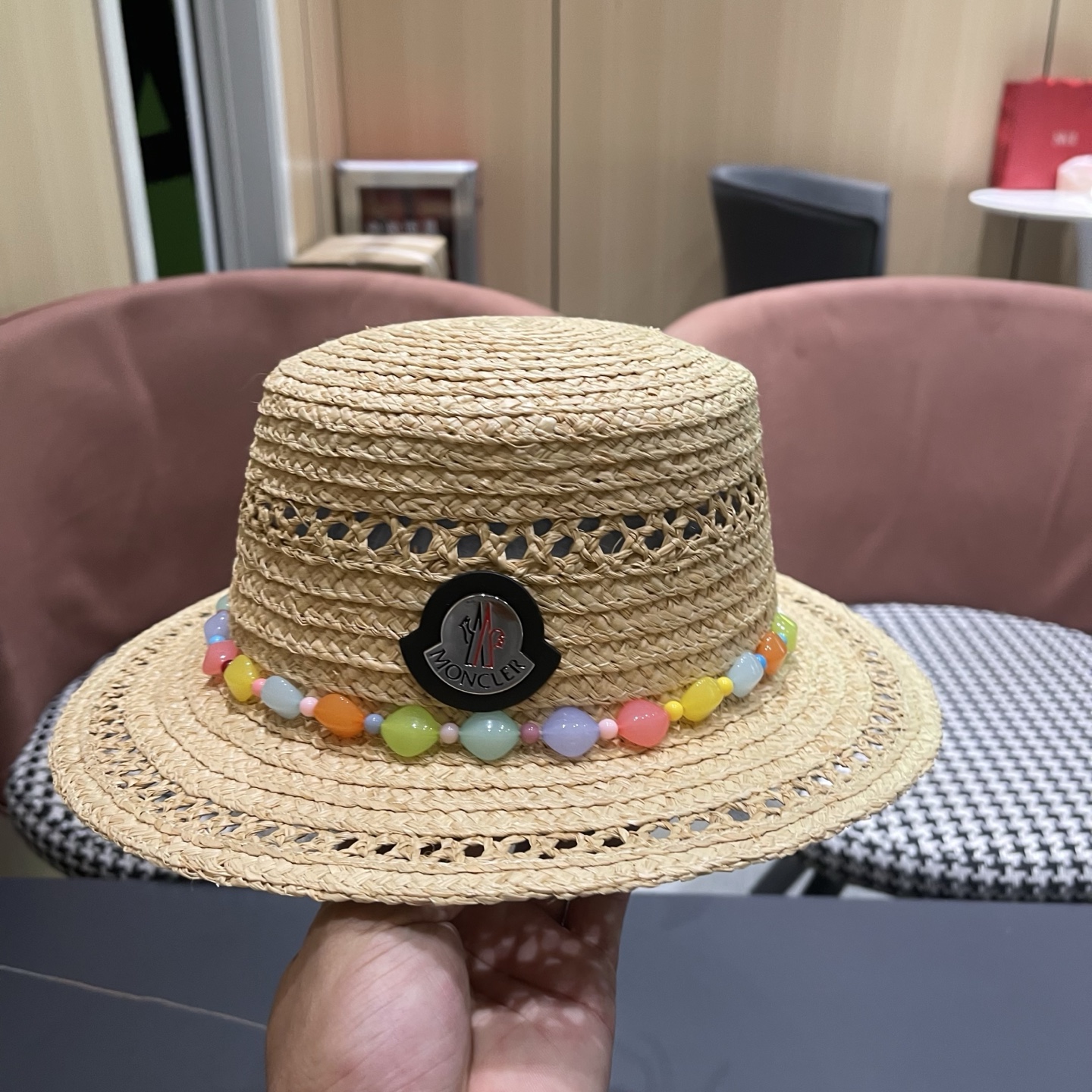 MONCLER（蒙口）法式海星手工编织拉菲草帽女夏季海边沙滩遮阳防晒帽镂空平顶礼帽