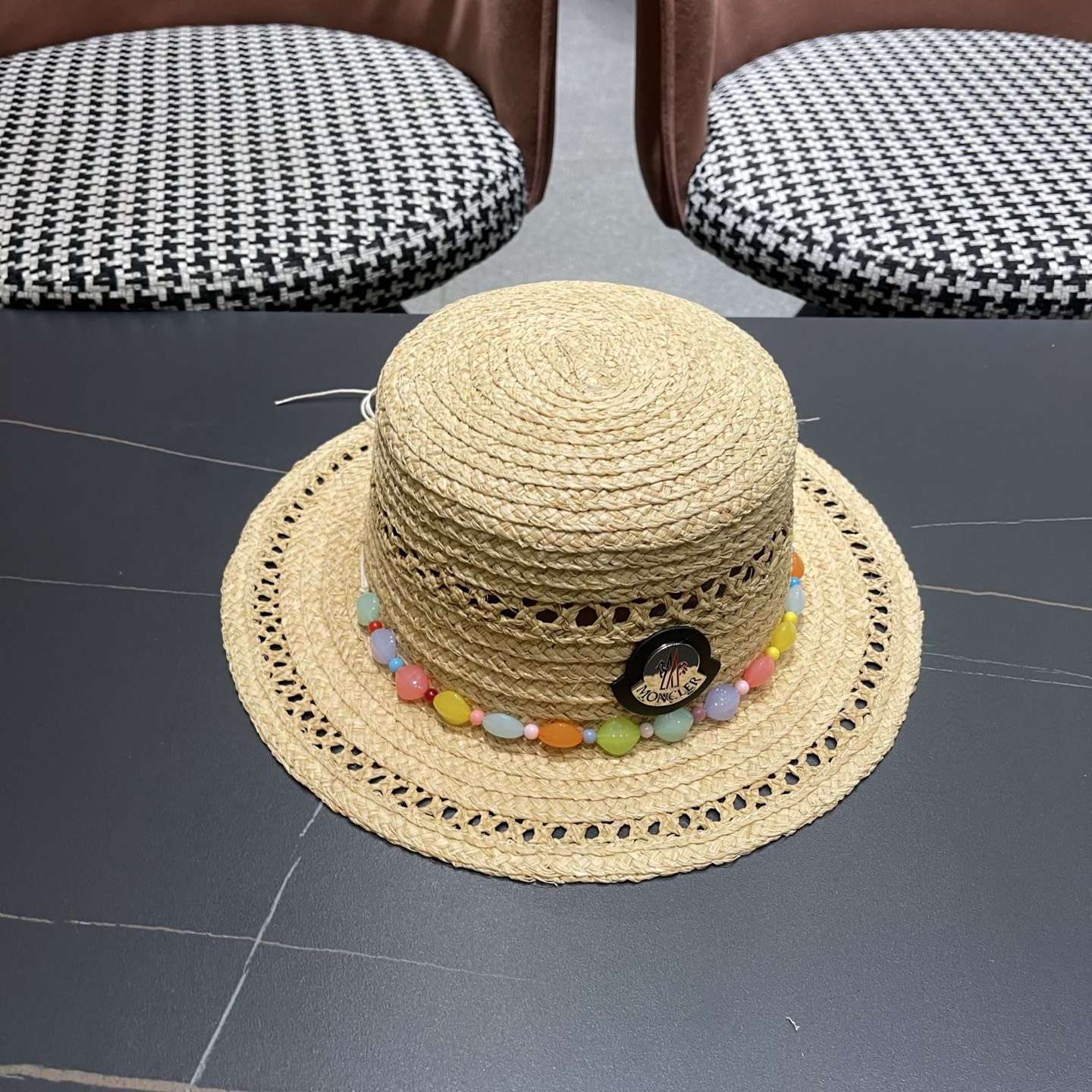 MONCLER（蒙口）法式海星手工编织拉菲草帽女夏季海边沙滩遮阳防晒帽镂空平顶礼帽