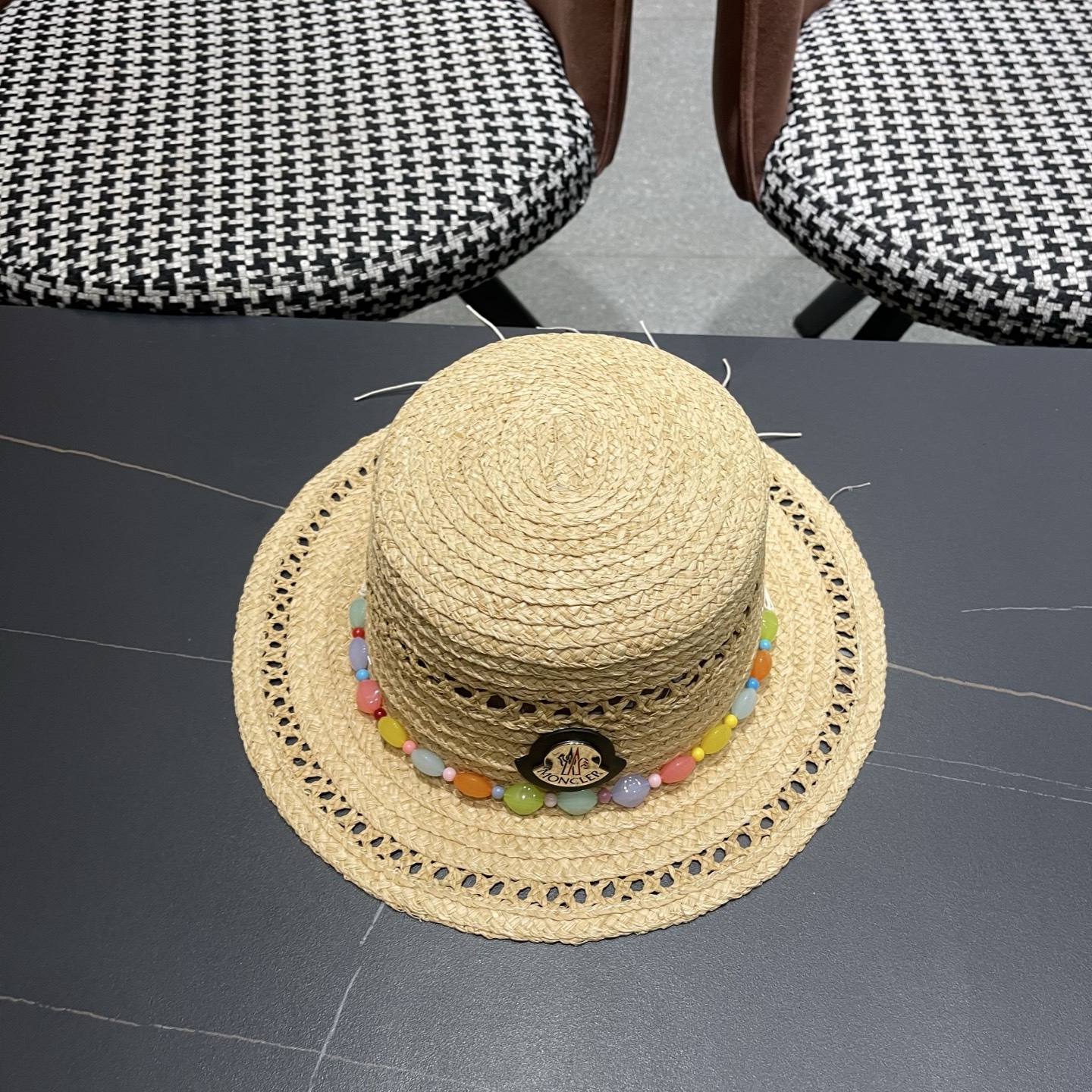 MONCLER（蒙口）法式海星手工编织拉菲草帽女夏季海边沙滩遮阳防晒帽镂空平顶礼帽