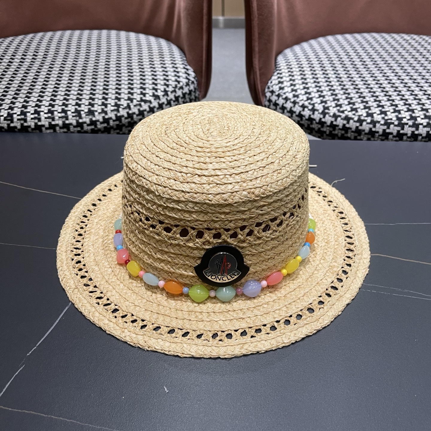 MONCLER（蒙口）法式海星手工编织拉菲草帽女夏季海边沙滩遮阳防晒帽镂空平顶礼帽