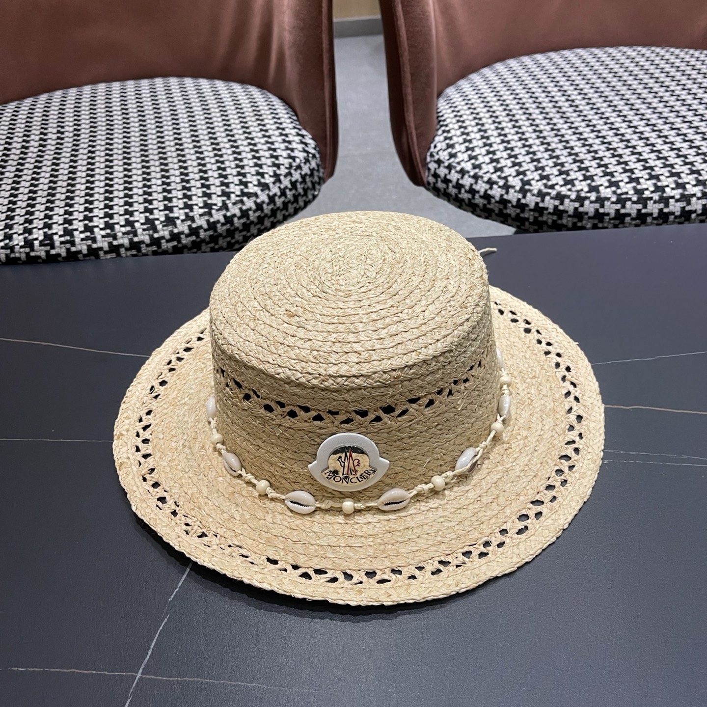 MONCLER（蒙口）法式海星手工编织拉菲草帽女夏季海边沙滩遮阳防晒帽镂空平顶礼帽