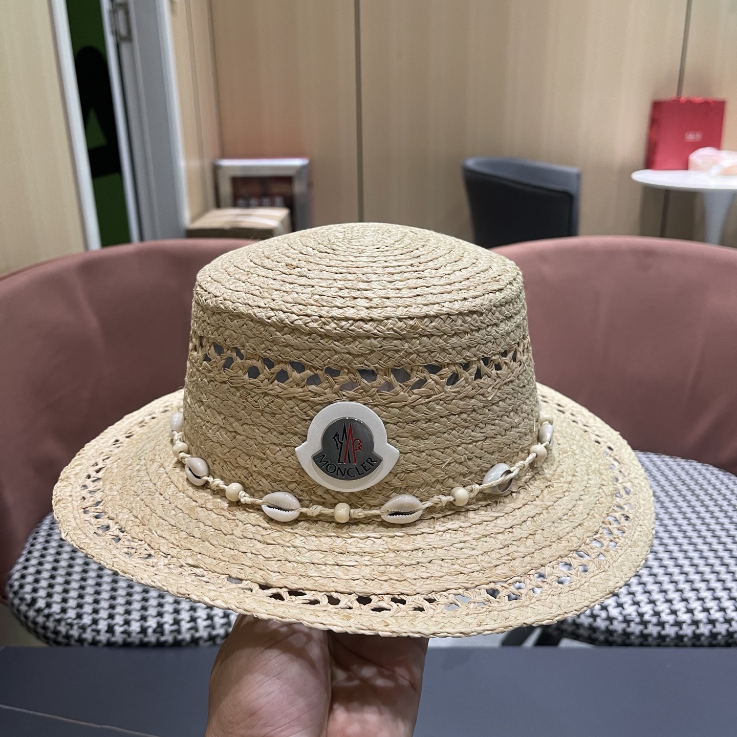 MONCLER（蒙口）法式海星手工编织拉菲草帽女夏季海边沙滩遮阳防晒帽镂空平顶礼帽