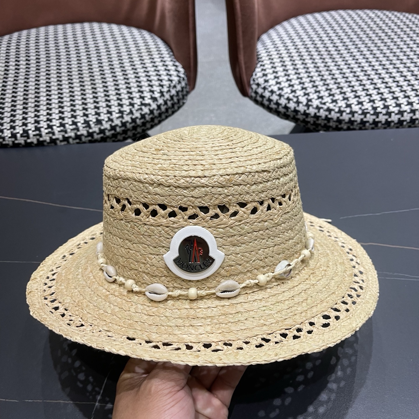 MONCLER（蒙口）法式海星手工编织拉菲草帽女夏季海边沙滩遮阳防晒帽镂空平顶礼帽