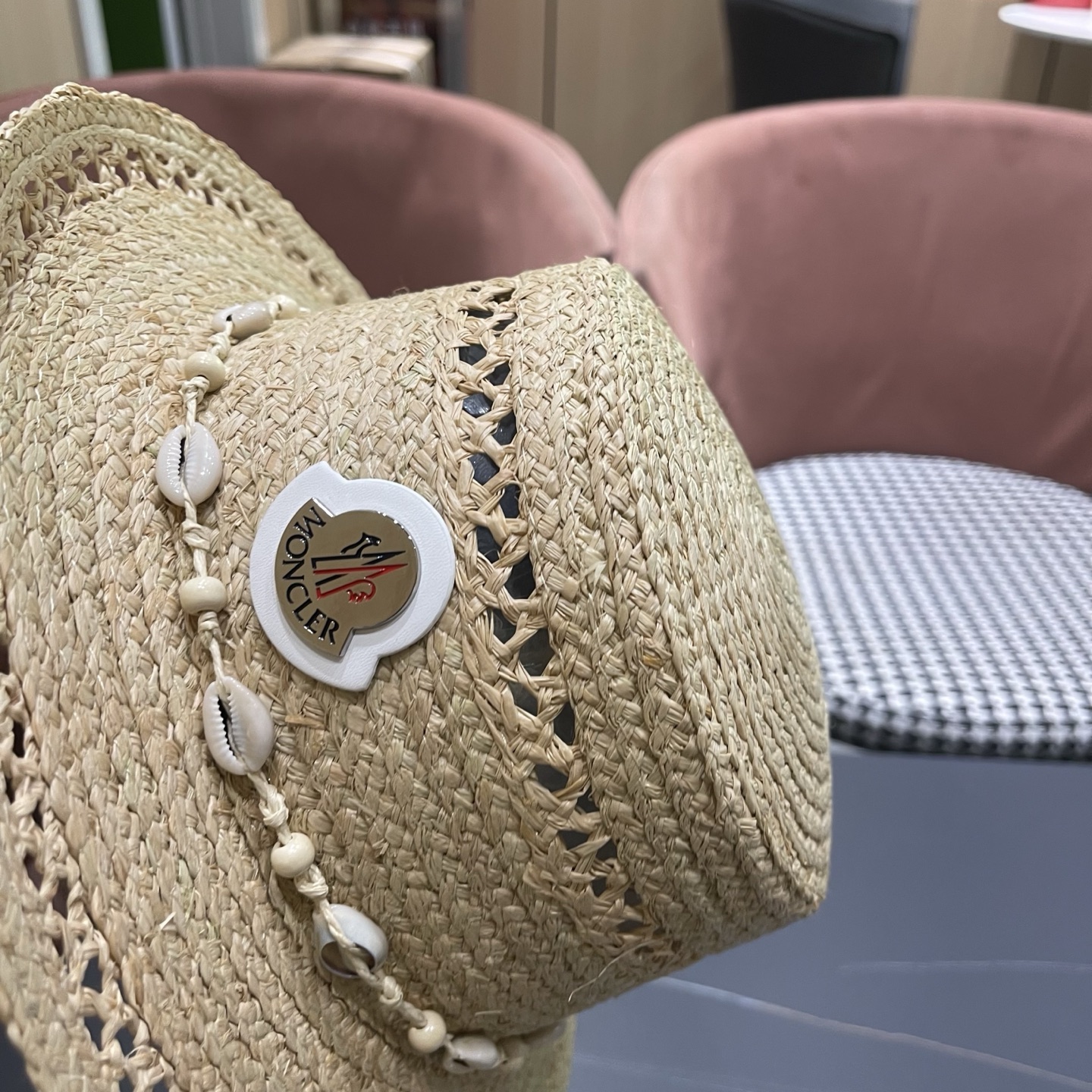 MONCLER（蒙口）法式海星手工编织拉菲草帽女夏季海边沙滩遮阳防晒帽镂空平顶礼帽