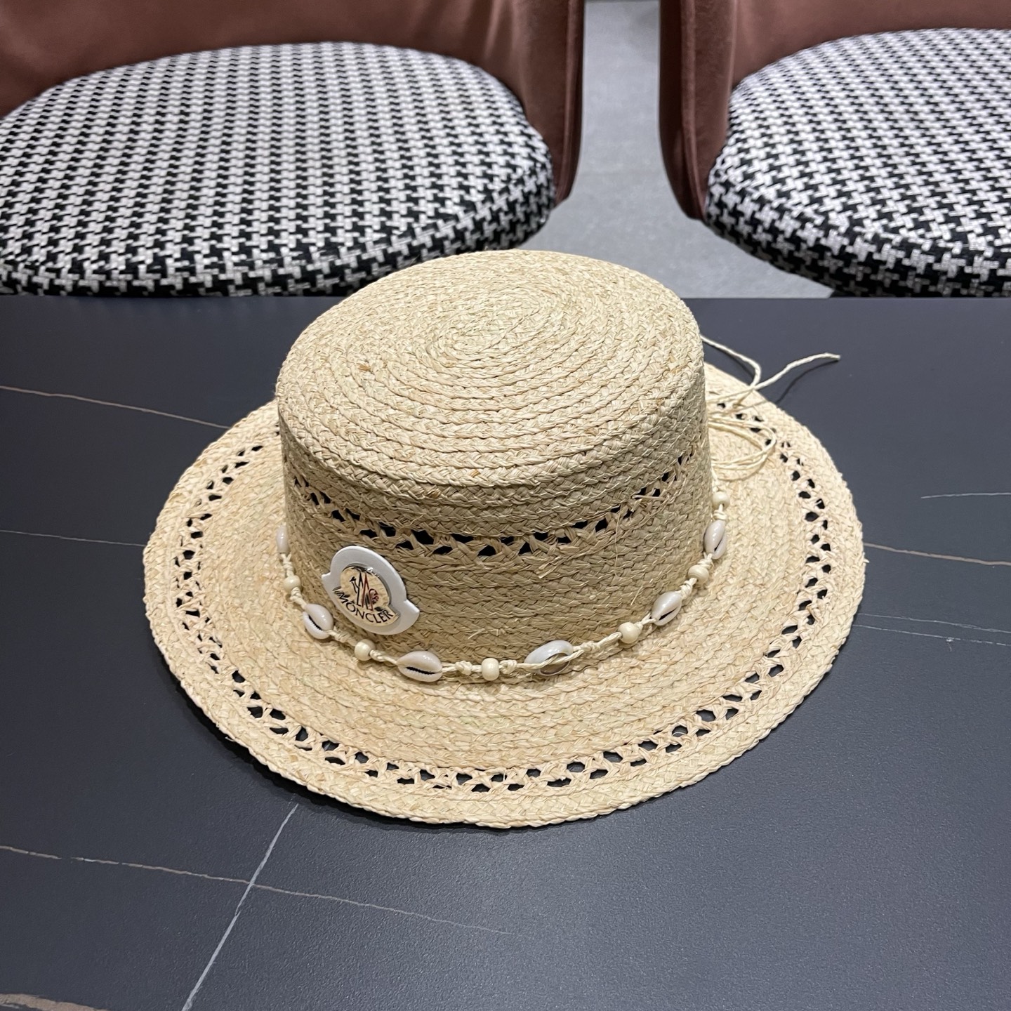 MONCLER（蒙口）法式海星手工编织拉菲草帽女夏季海边沙滩遮阳防晒帽镂空平顶礼帽