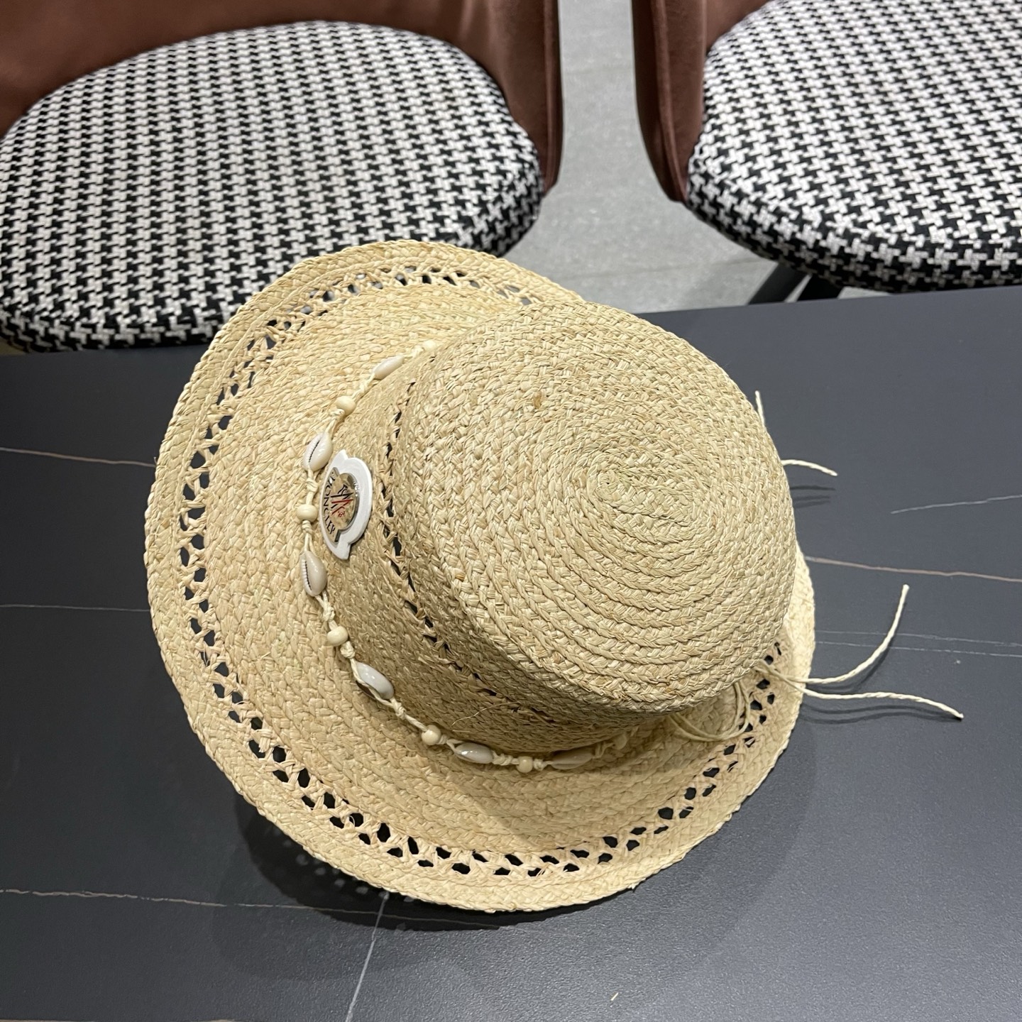 MONCLER（蒙口）法式海星手工编织拉菲草帽女夏季海边沙滩遮阳防晒帽镂空平顶礼帽