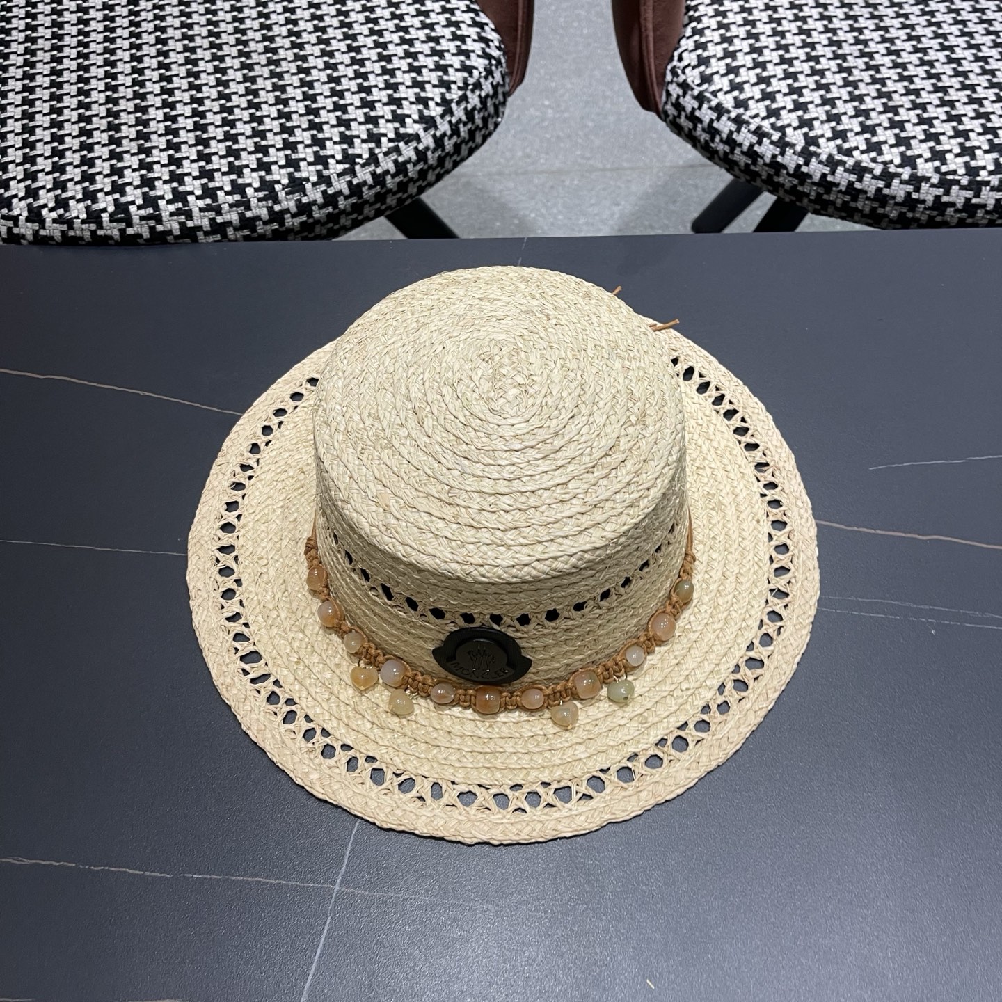 MONCLER（蒙口）法式海星手工编织拉菲草帽女夏季海边沙滩遮阳防晒帽镂空平顶礼帽