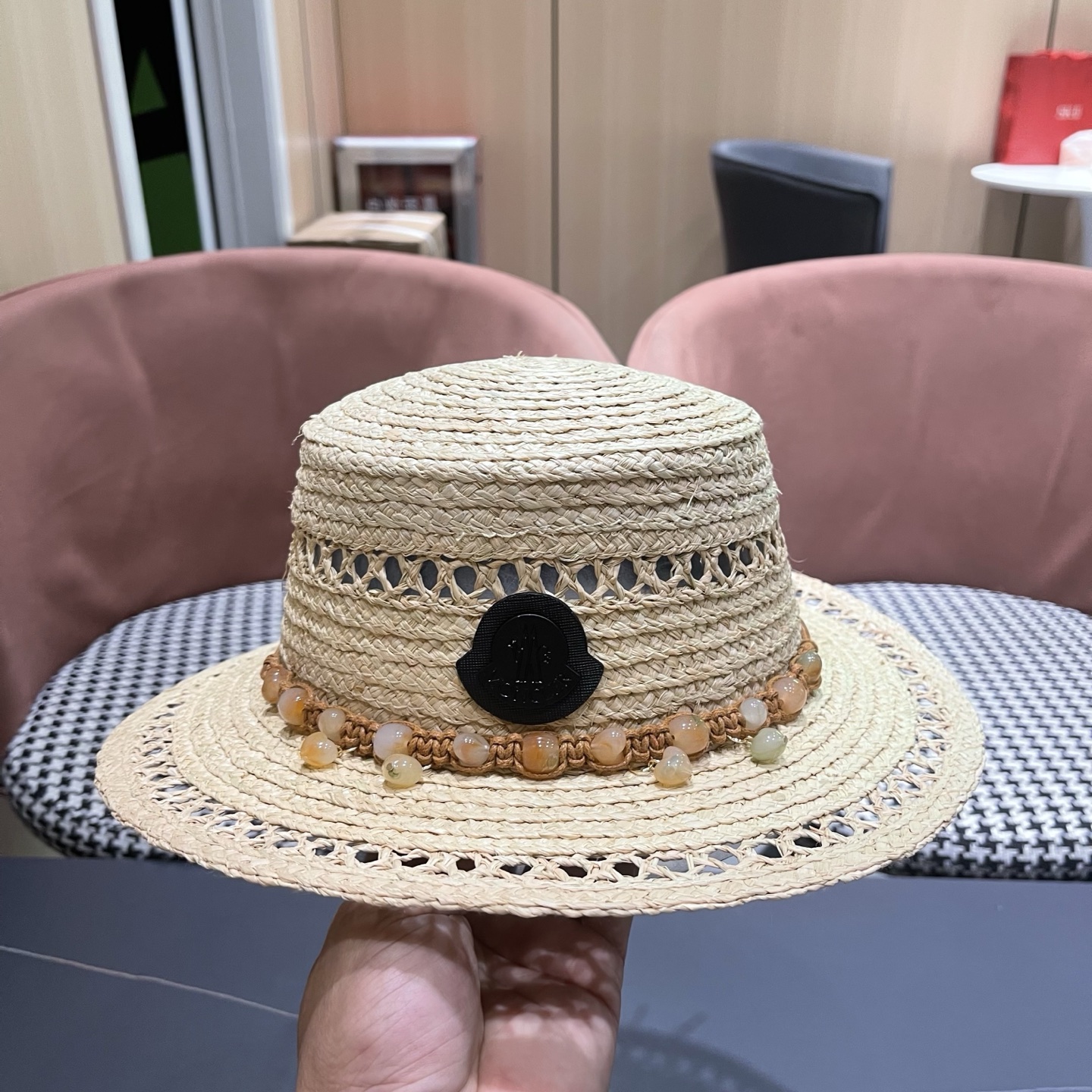 MONCLER（蒙口）法式海星手工编织拉菲草帽女夏季海边沙滩遮阳防晒帽镂空平顶礼帽