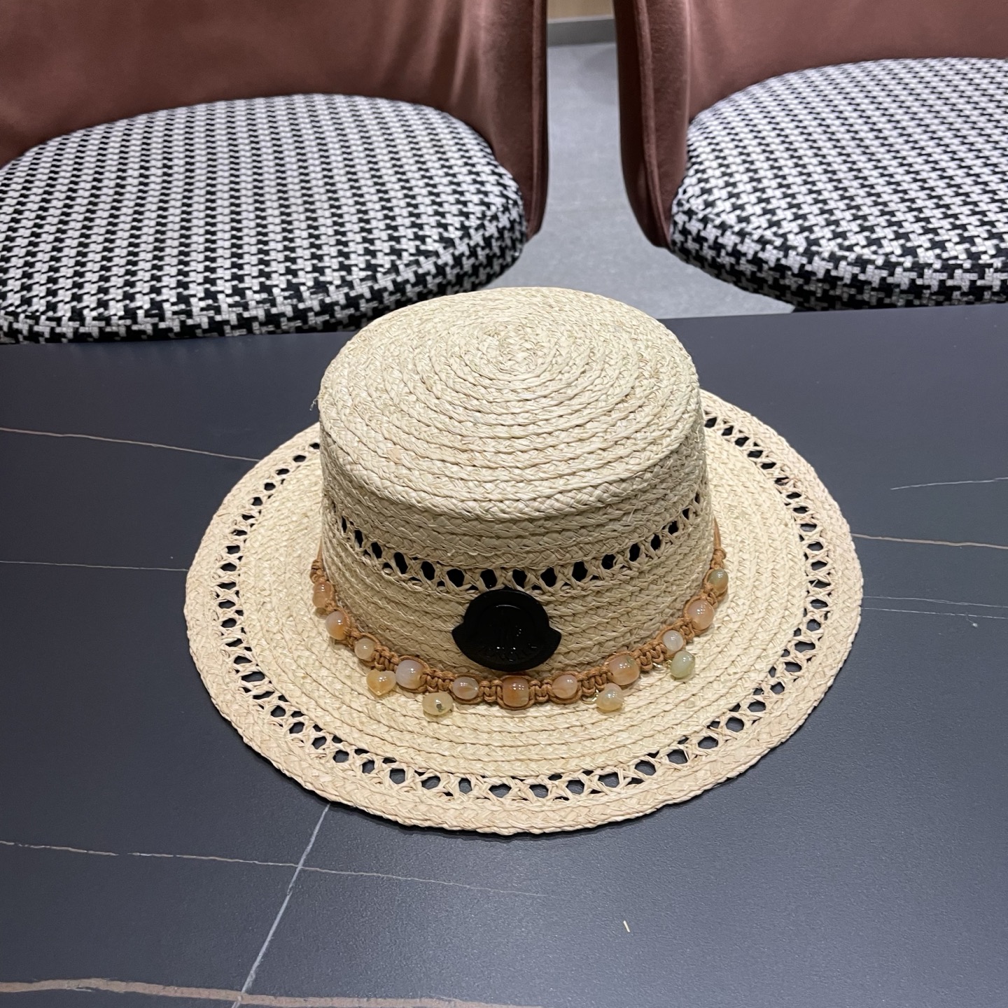 MONCLER（蒙口）法式海星手工编织拉菲草帽女夏季海边沙滩遮阳防晒帽镂空平顶礼帽