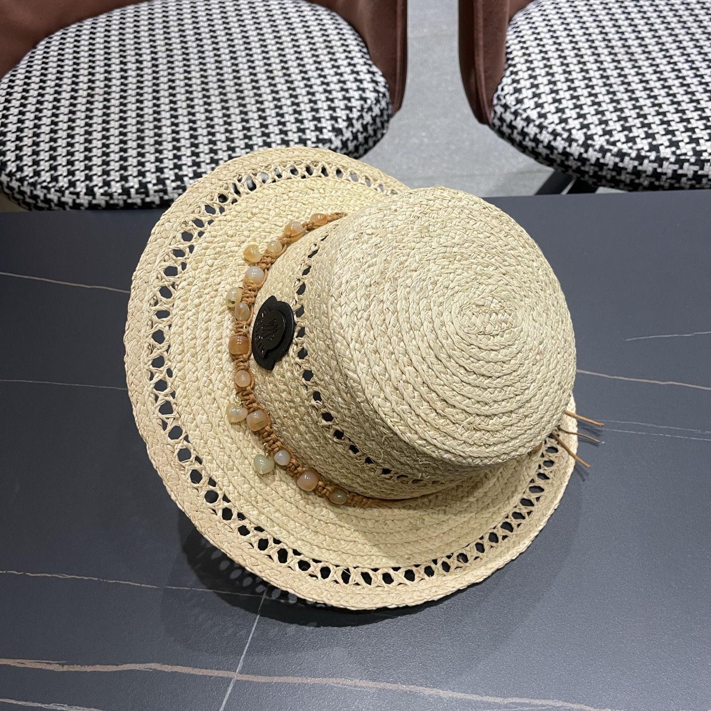 MONCLER（蒙口）法式海星手工编织拉菲草帽女夏季海边沙滩遮阳防晒帽镂空平顶礼帽