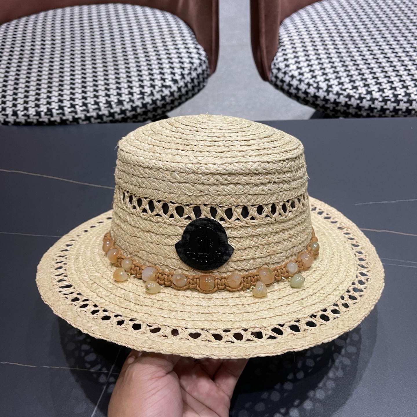 MONCLER（蒙口）法式海星手工编织拉菲草帽女夏季海边沙滩遮阳防晒帽镂空平顶礼帽