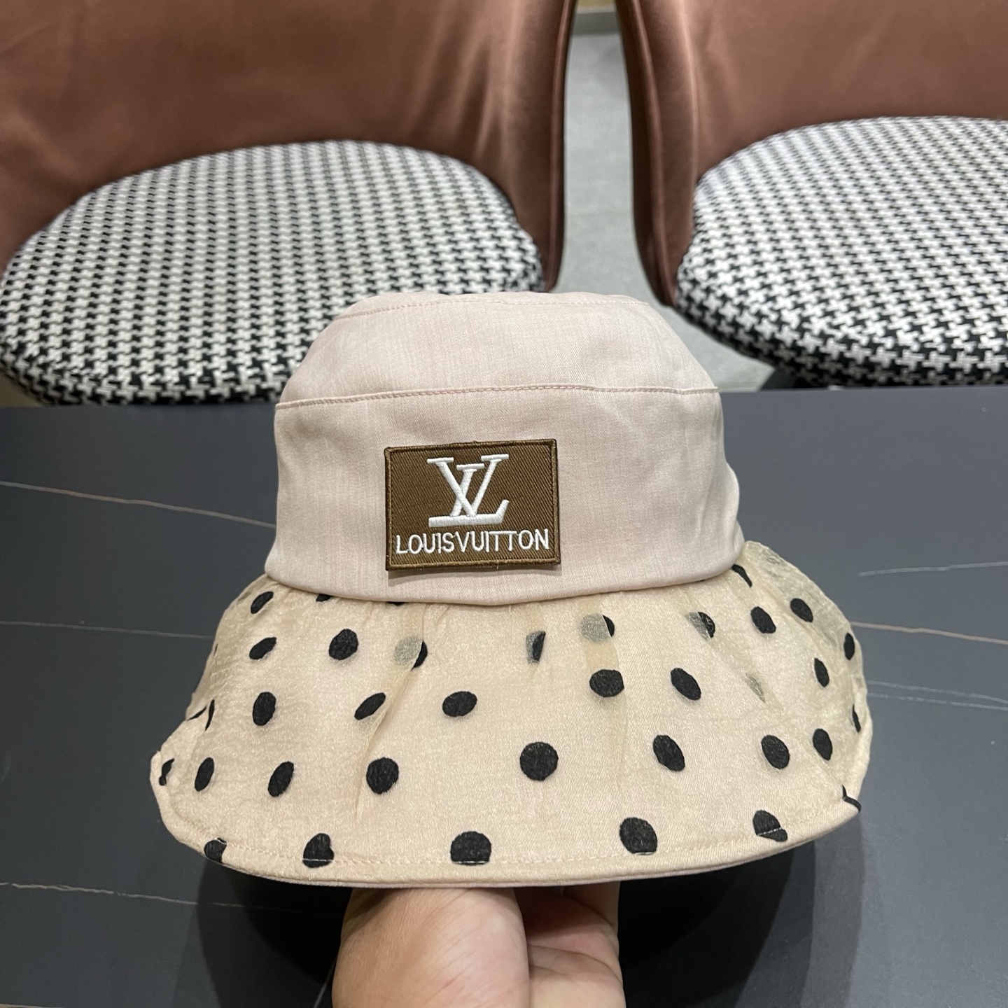 LV路易威登 新款春夏季波点蕾丝蝴蝶结渔夫帽子女日系简约大帽檐防晒出游