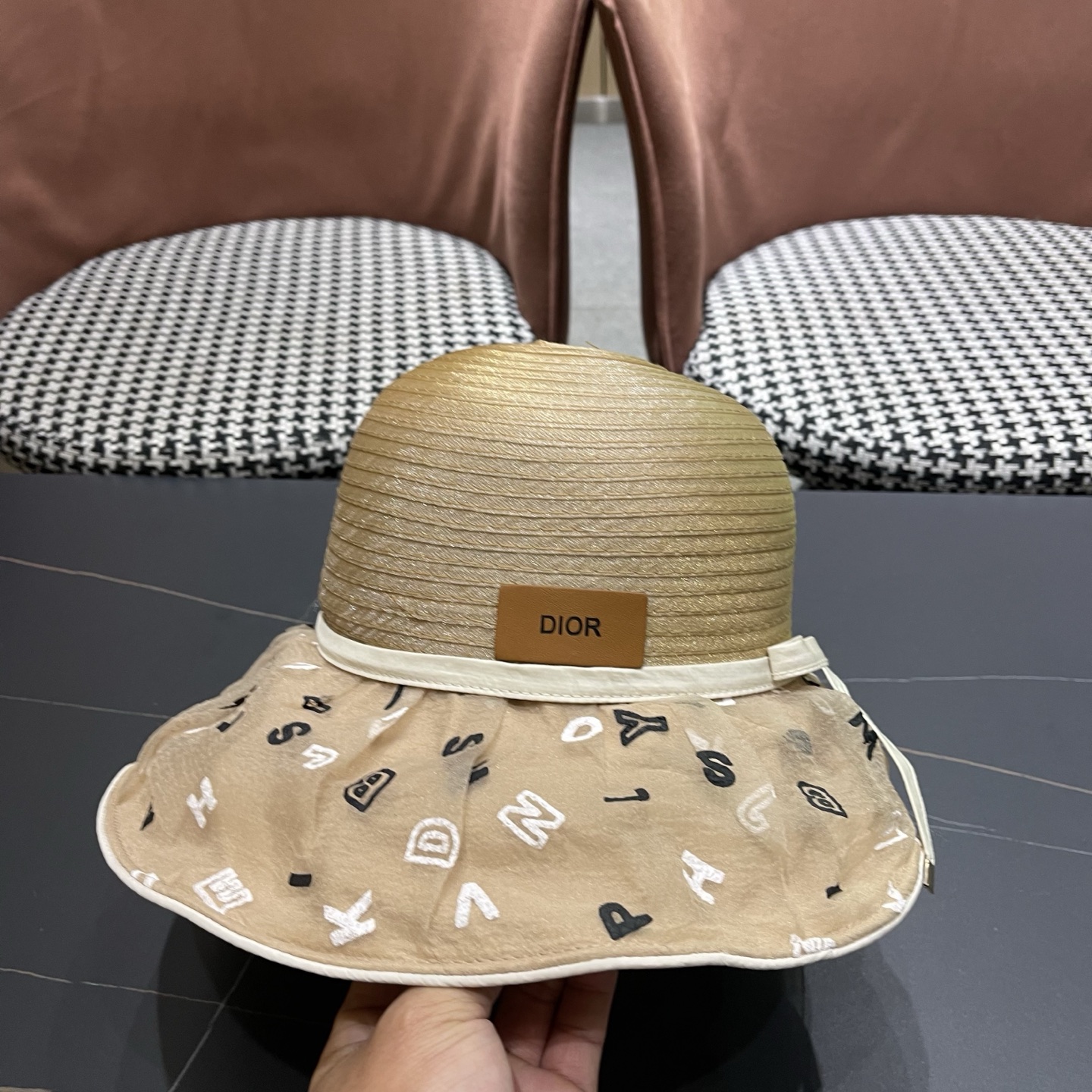 Dior迪奥 时尚字母印花遮阳帽子女春夏旅游度假可折叠欧根纱拼接大檐渔夫帽