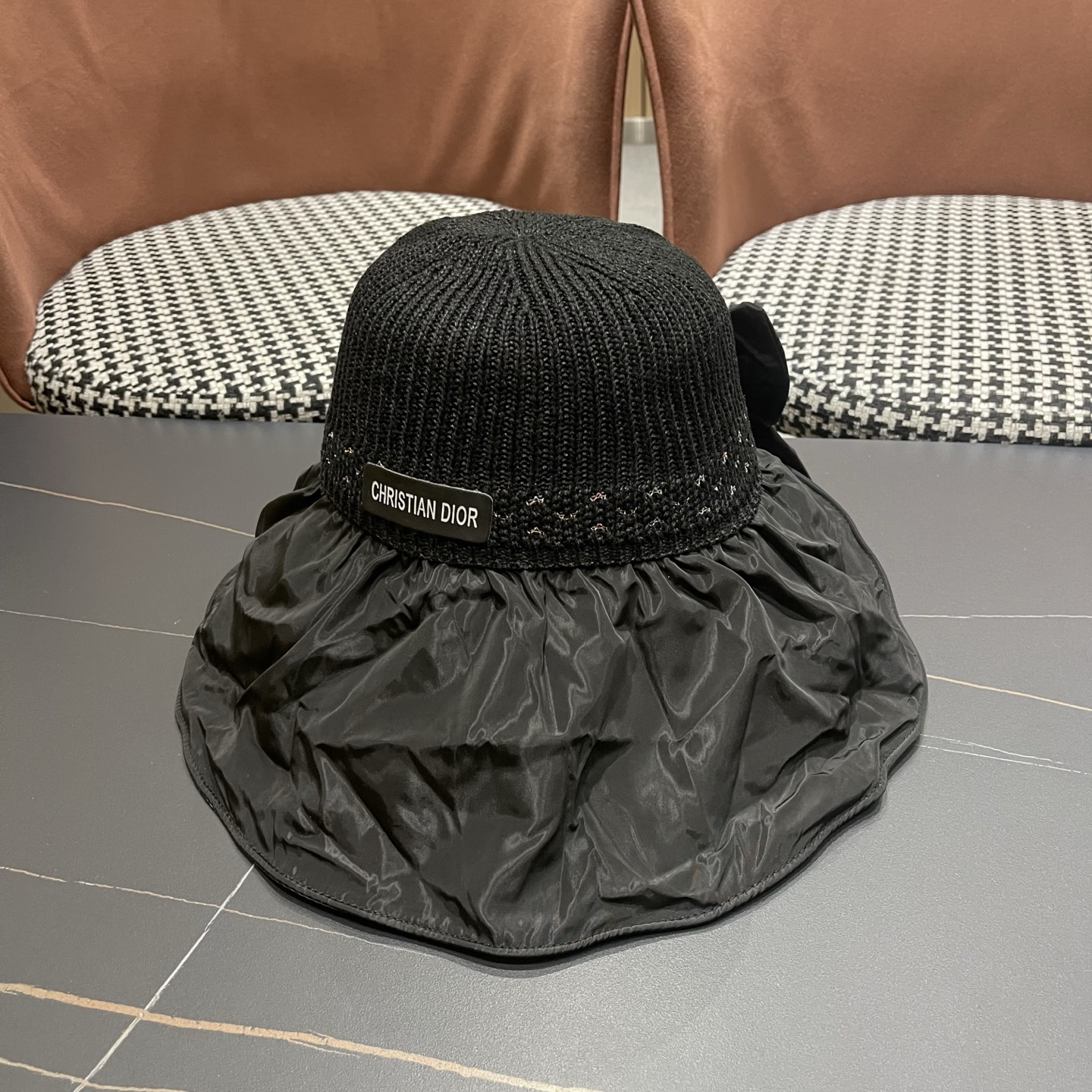 DIOR 迪奥 夏季黑胶蝴蝶结渔夫帽子女防紫外线大檐遮脸太阳帽