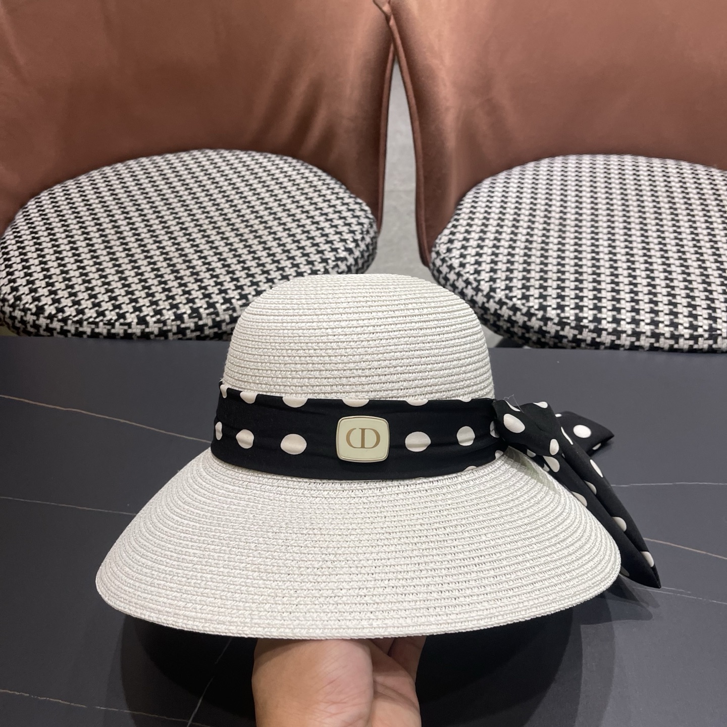 Dior迪奥 夏季帽子女波点飘带草帽旅游度假帽大沿防晒遮阳礼帽翘沿太阳海边