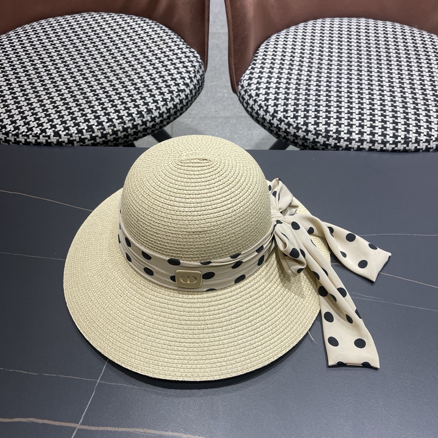 Dior迪奥 夏季帽子女波点飘带草帽旅游度假帽大沿防晒遮阳礼帽翘沿太阳海边