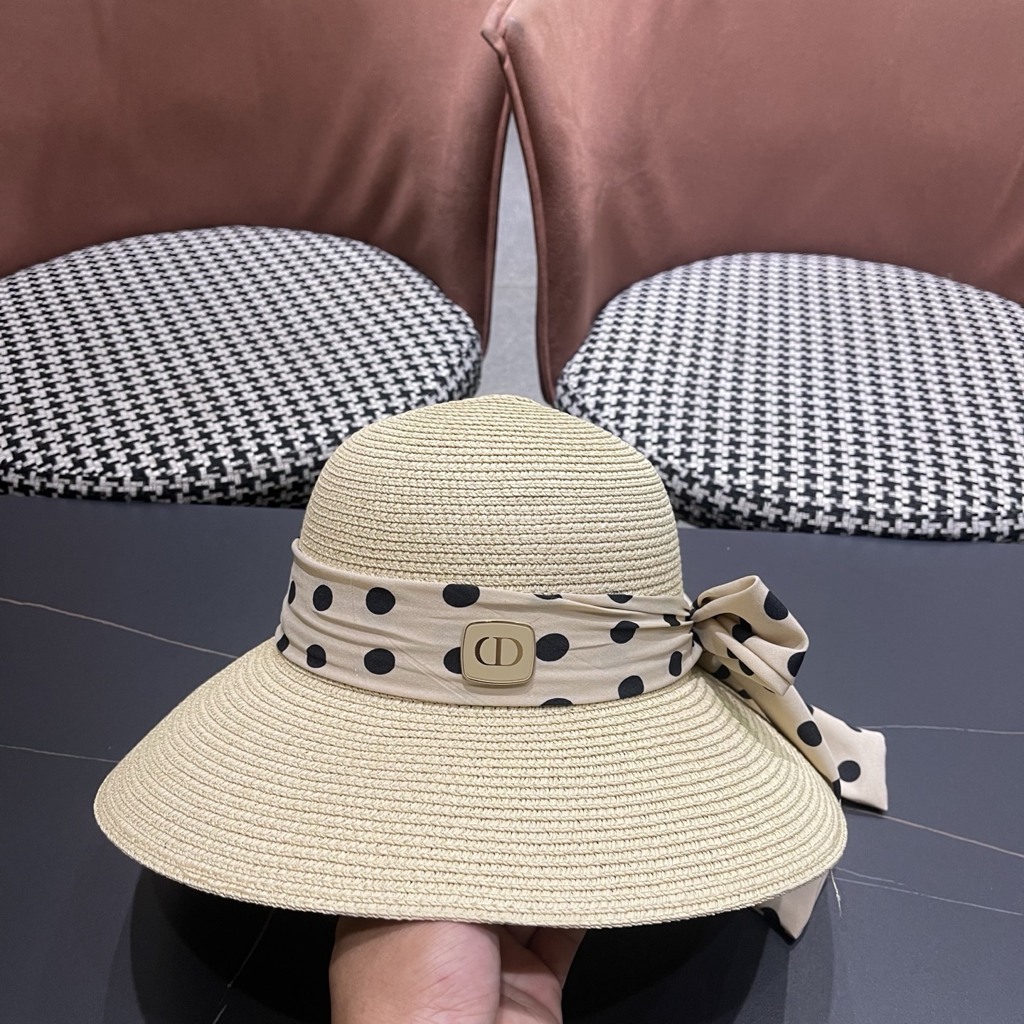 Dior迪奥 夏季帽子女波点飘带草帽旅游度假帽大沿防晒遮阳礼帽翘沿太阳海边