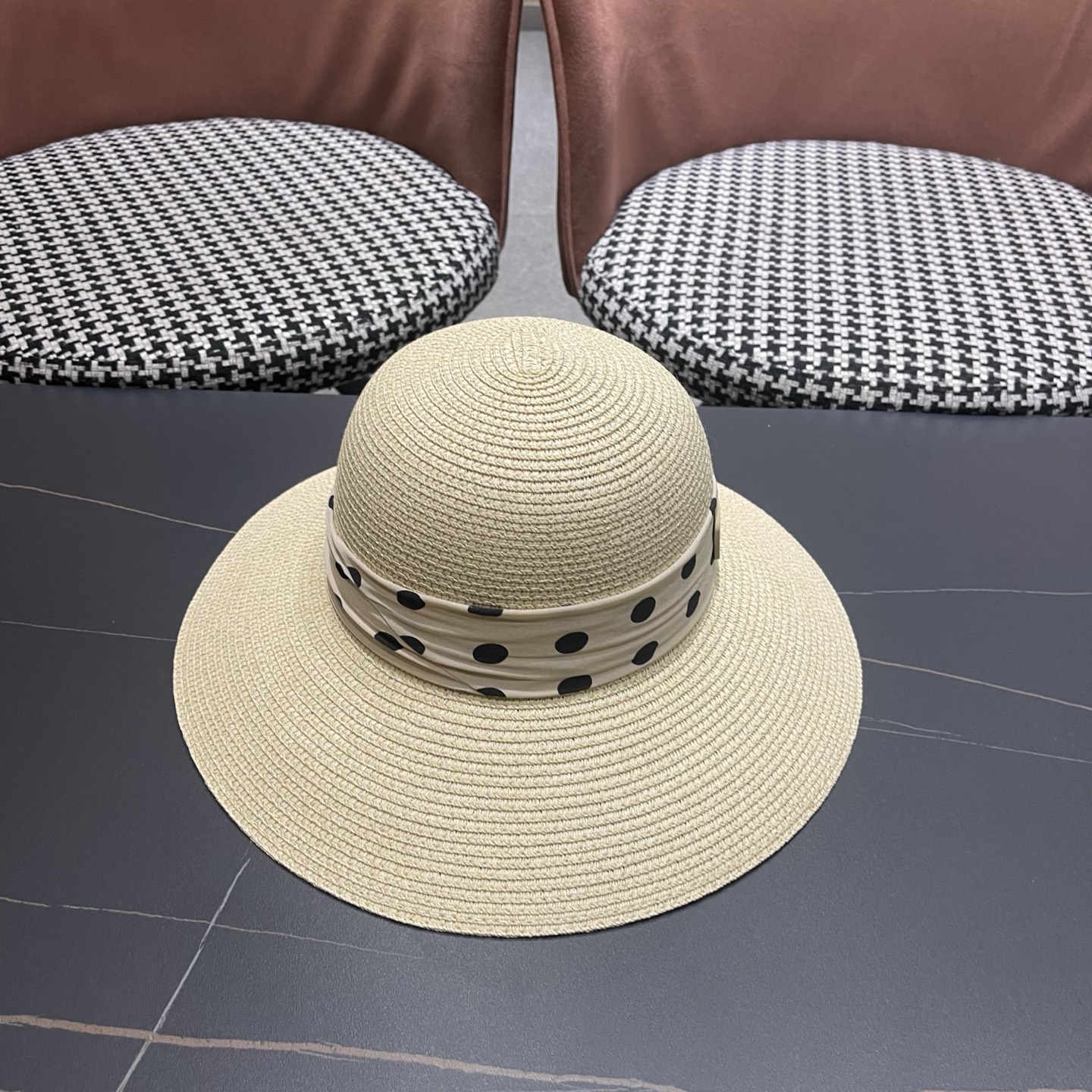 Dior迪奥 夏季帽子女波点飘带草帽旅游度假帽大沿防晒遮阳礼帽翘沿太阳海边