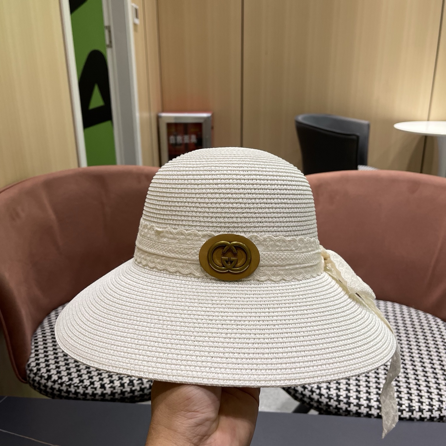 GUCCI 古奇 法式度假风蕾丝蝴蝶结草帽女春夏新款海边沙滩帽遮阳防晒帽子