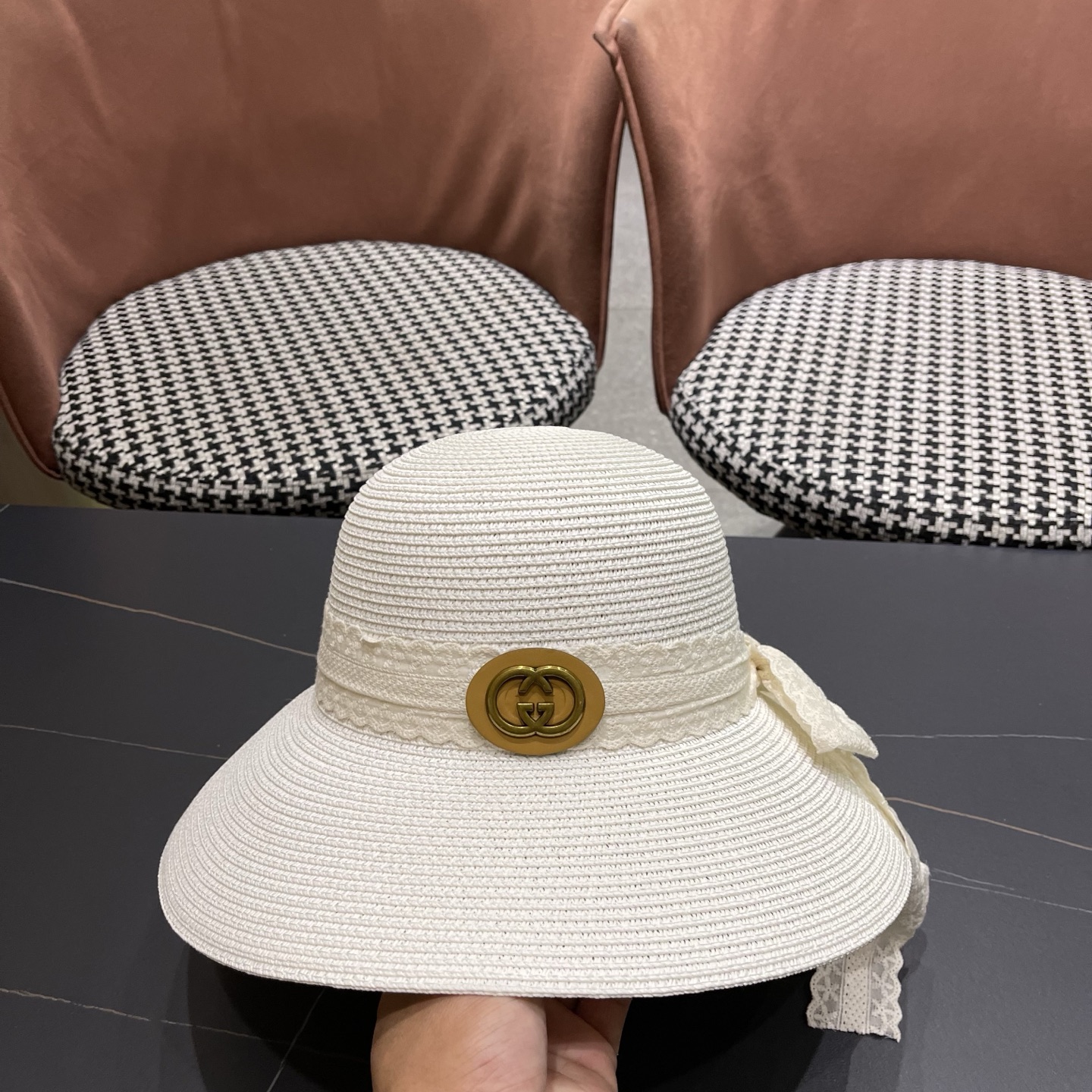 GUCCI 古奇 法式度假风蕾丝蝴蝶结草帽女春夏新款海边沙滩帽遮阳防晒帽子
