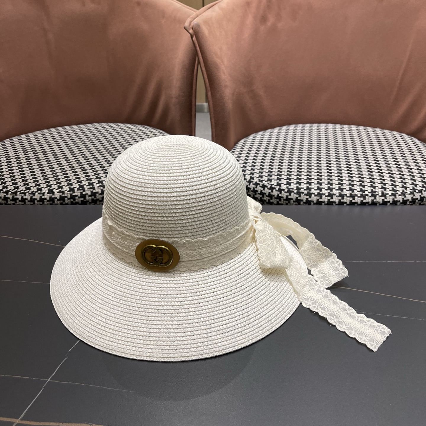GUCCI 古奇 法式度假风蕾丝蝴蝶结草帽女春夏新款海边沙滩帽遮阳防晒帽子