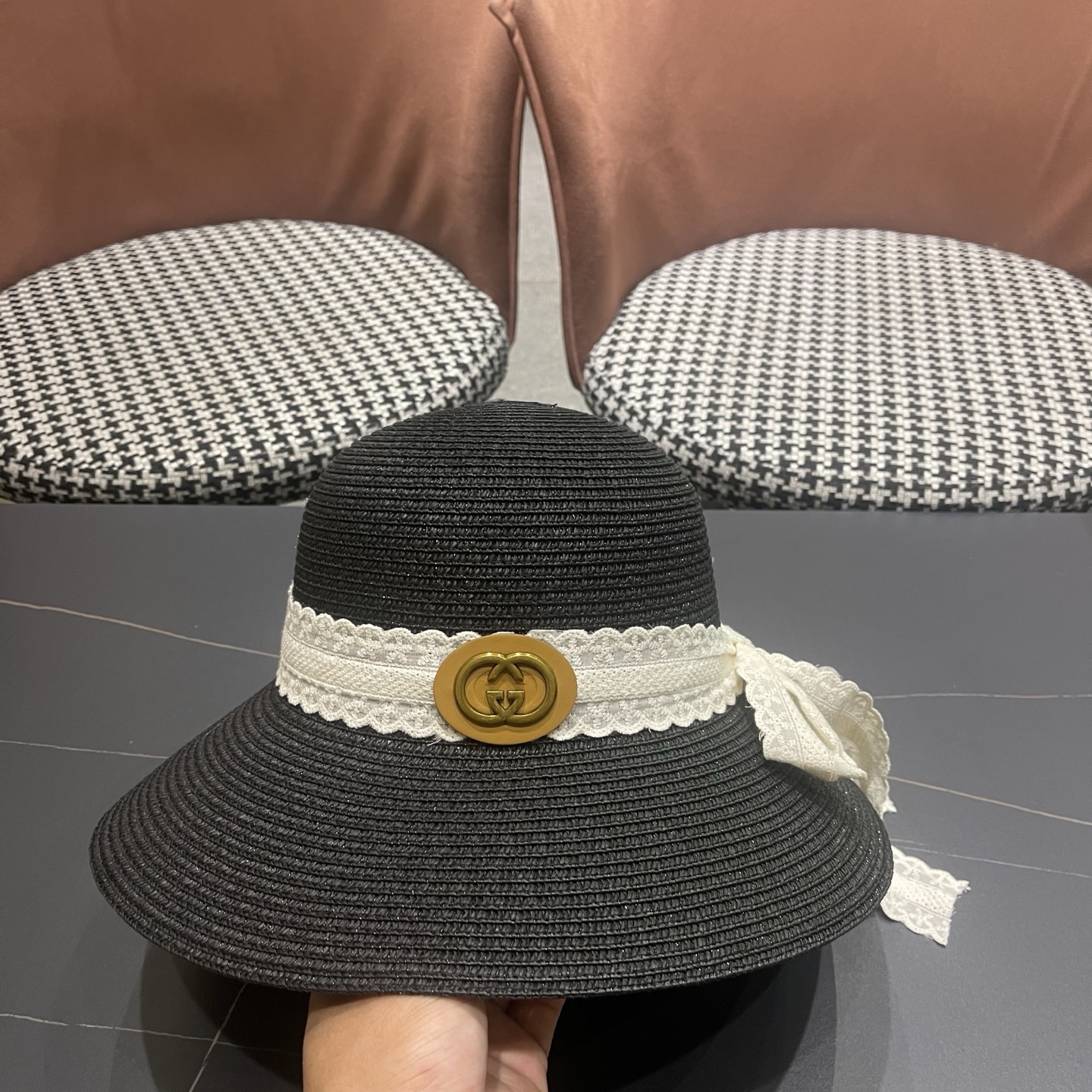 GUCCI 古奇 法式度假风蕾丝蝴蝶结草帽女春夏新款海边沙滩帽遮阳防晒帽子