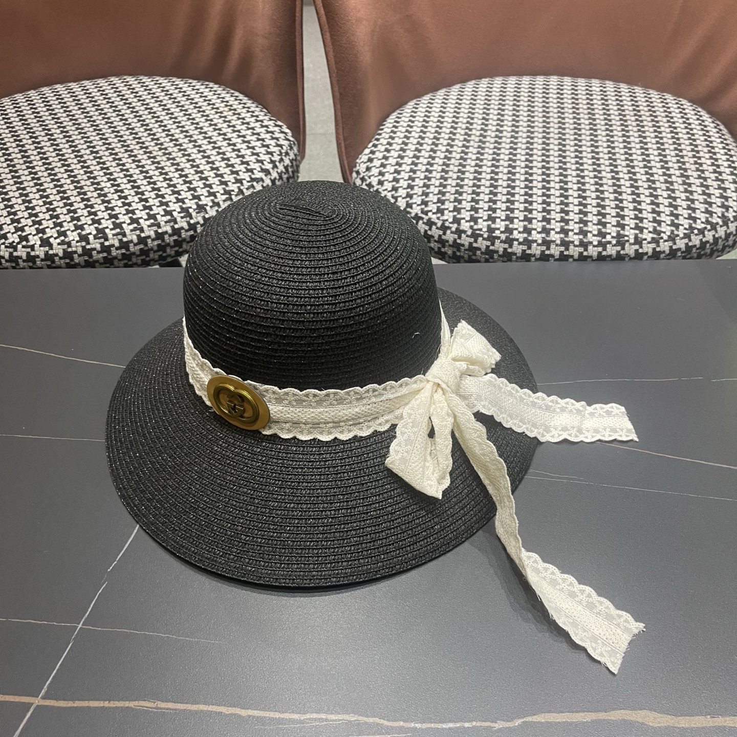 GUCCI 古奇 法式度假风蕾丝蝴蝶结草帽女春夏新款海边沙滩帽遮阳防晒帽子